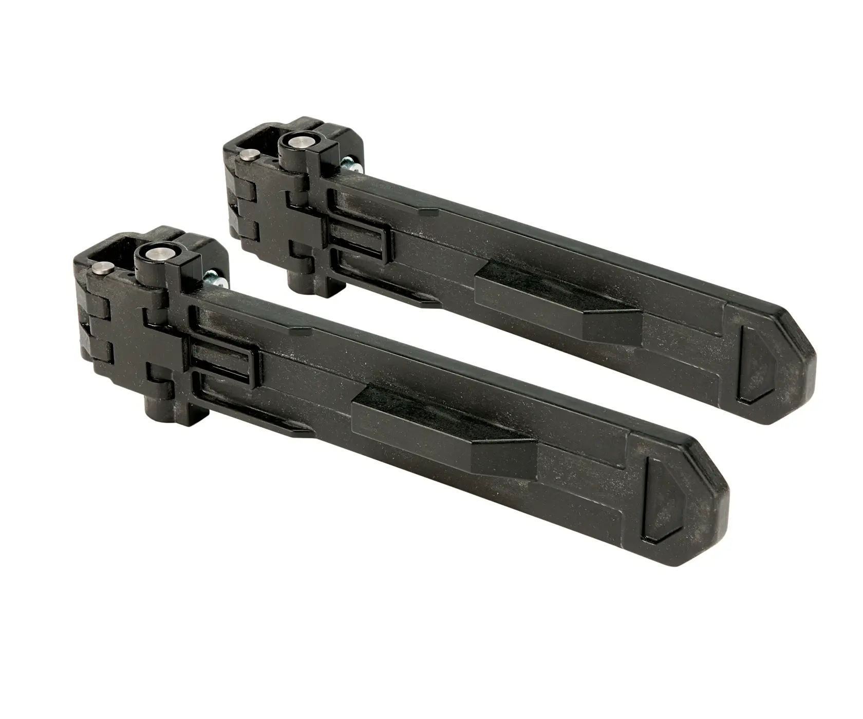 Dos soportes de montaje de plástico negro DEWALT para equipos de fotografía, presentados uno al lado del otro sobre un fondo blanco.