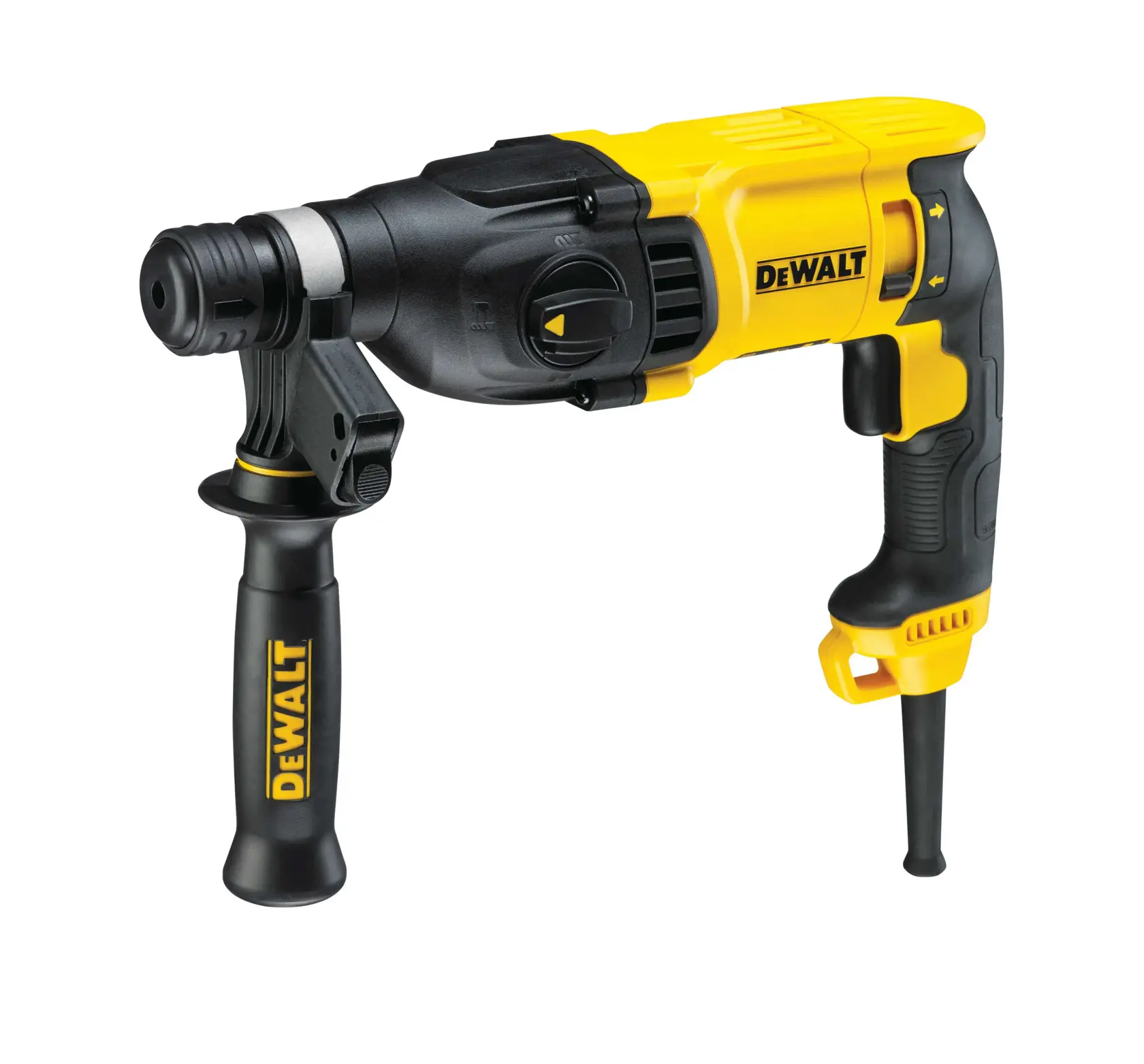 Une perceuse à marteau rotative filaire DEWALT D25133K au design noir et jaune, avec une poignée latérale et une jauge de profondeur.