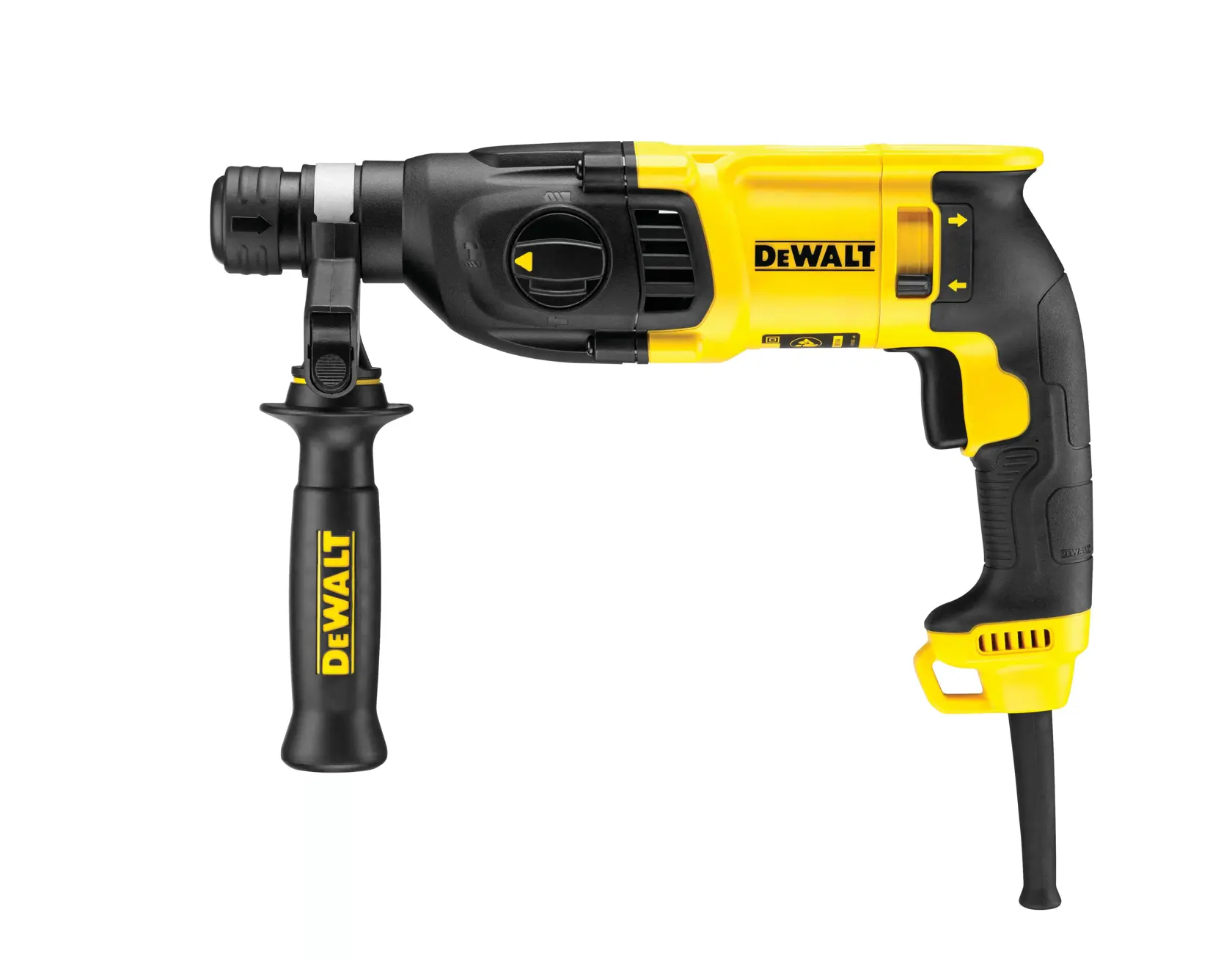A DEWALT D25133K corded rotary hammer drill with a black and yellow design, featuring a side handle and depth gauge.