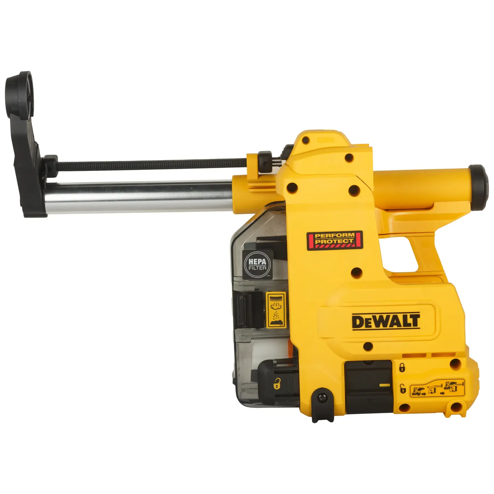 Gelber DEWALT D25304DH Staubabsaugaufsatz mit HEPA-Filter für Bohrer, effizient für Staubsammlung.