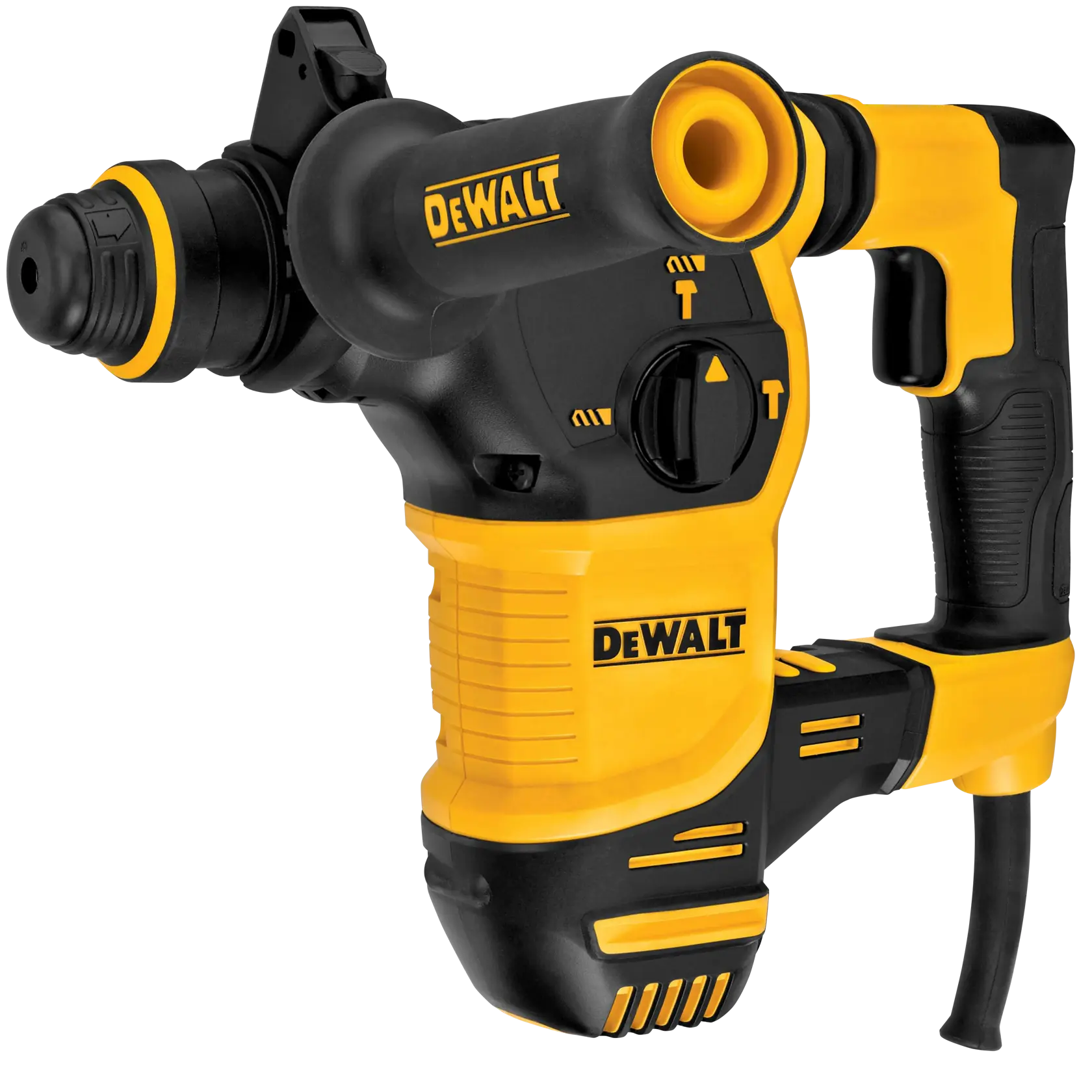 A construction worker wearing a safety helmet and high-visibility vest operates a yellow DEWALT rotary hammer drill, model D25333K, to bore a hole into a concrete wall at an outdoor construction site. The worker stands near a wooden ladder under a partly built structure with sunlight streaming in.