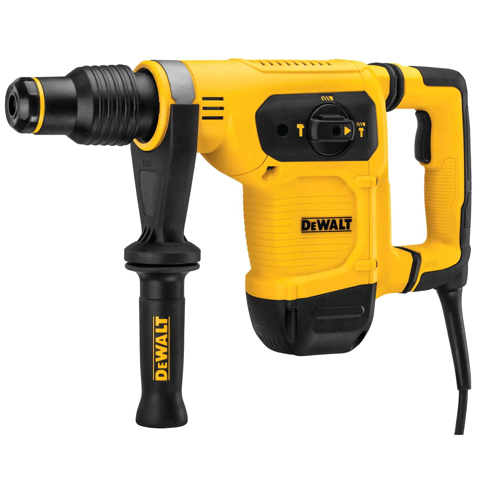 Yellow DEWALT rotary hammer drill with side handle and power cord, model D25481K, for construction and photography.