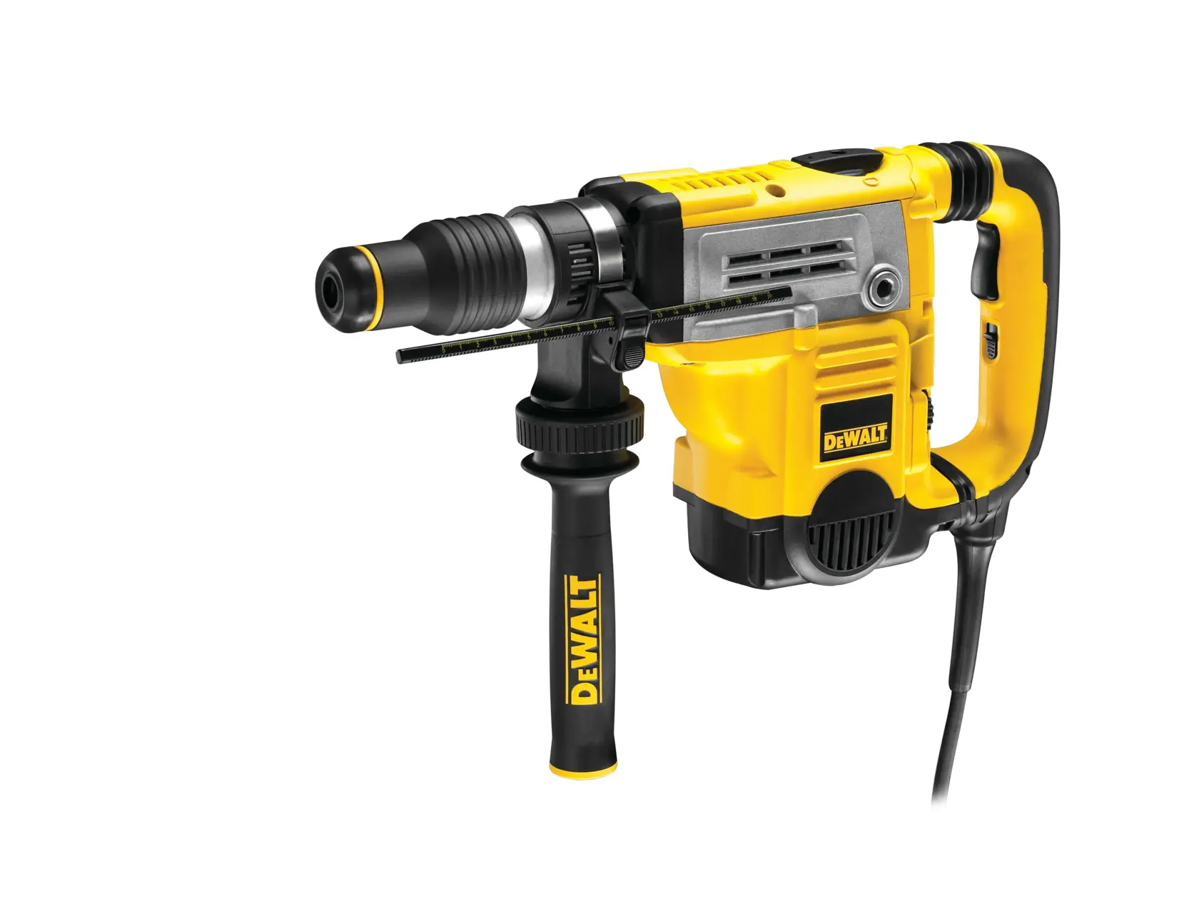 Ein gelber und schwarzer elektrischer DEWALT-Bohrhammer mit Seitenhandgriff und Tiefenanschlag, vor weißem Hintergrund dargestellt.
