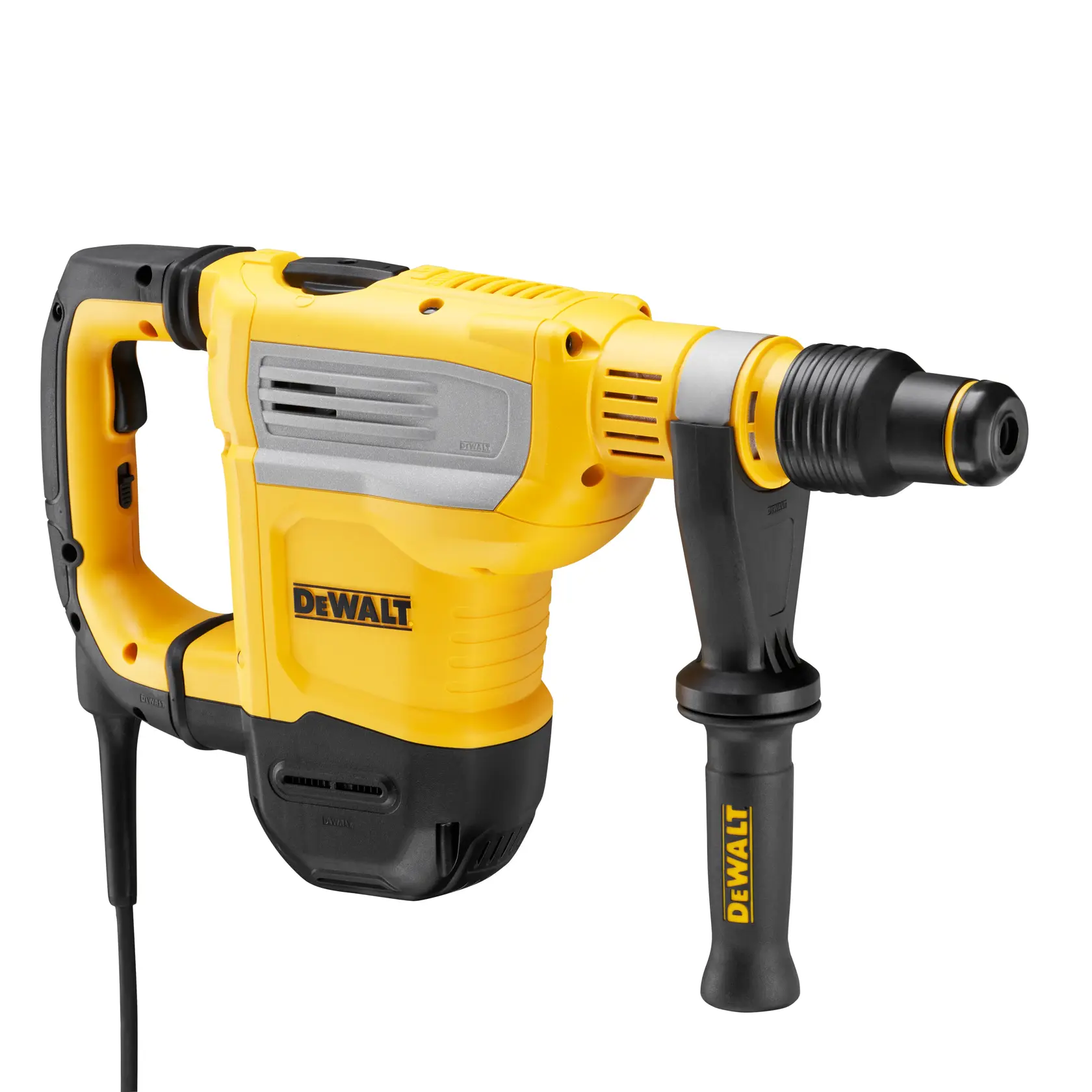 Ein kabelgebundener DEWALT-Bohrhammer mit gelb-schwarzem Gehäuse, Seitenhandgriff und SDS-kompatiblem Bohrfutter. Das Produkt ist für schwere Bau- und Bohrarbeiten ausgelegt.