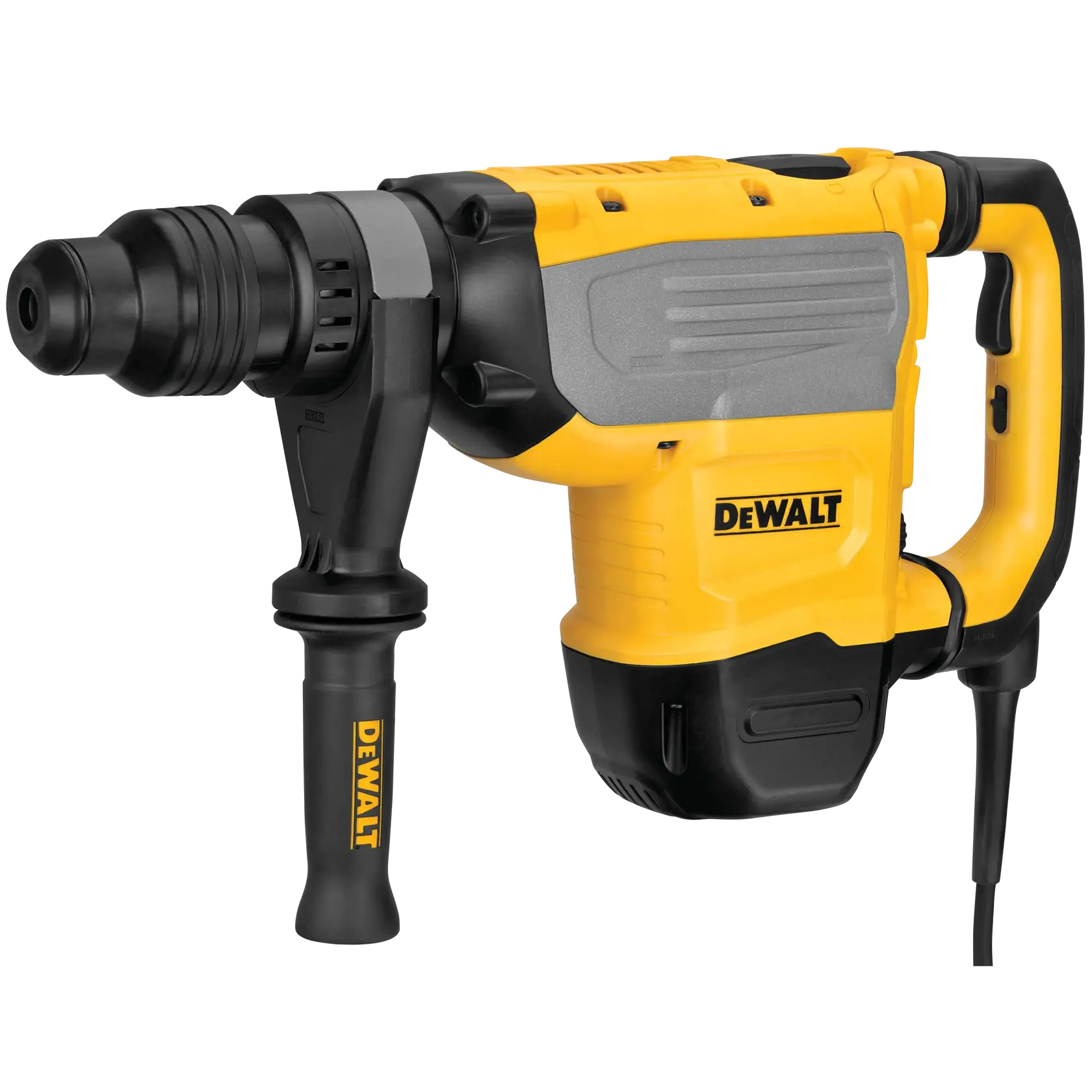 Gelber und schwarzer DEWALT elektrischer Bohrhammer mit Seitengriff und Netzkabel, Modell D25733K.