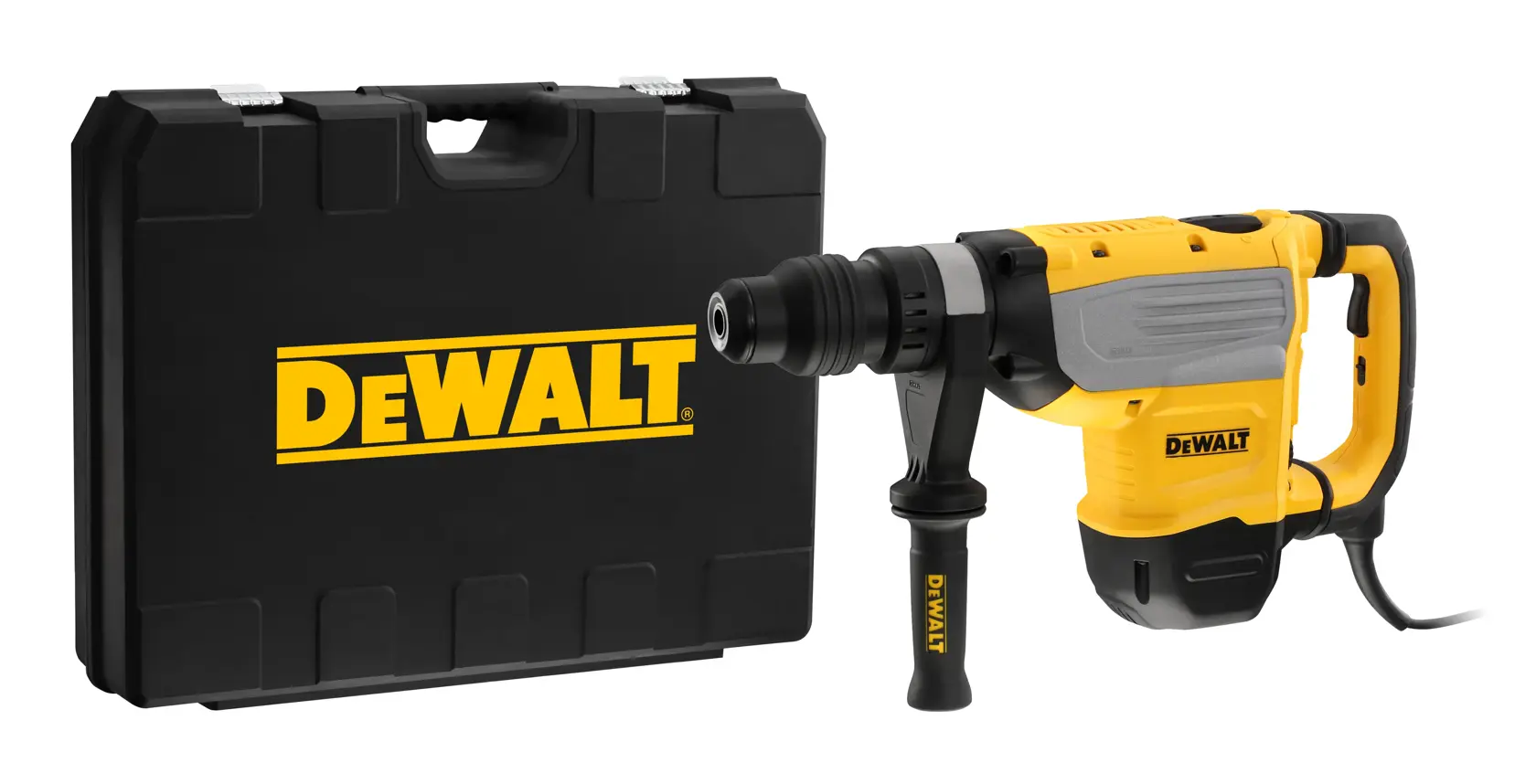 Ein DEWALT-Bohrhammer mit Seitenhandgriff und Netzkabel, neben einem schwarzen Transportkoffer mit DEWALT-Logo.