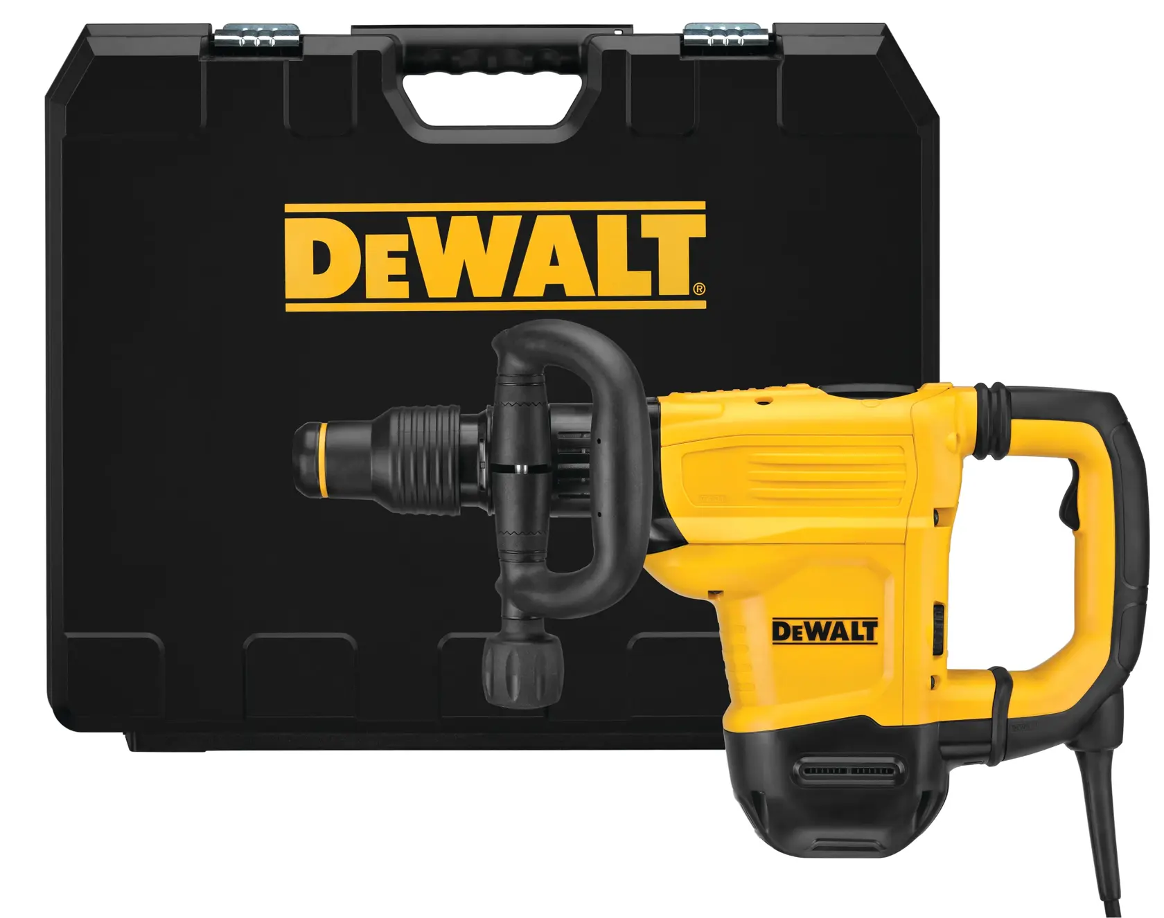 Ein gelber und schwarzer DEWALT-Bohrhammer ist vor einem schwarzen DEWALT-Tragekoffer zu sehen.