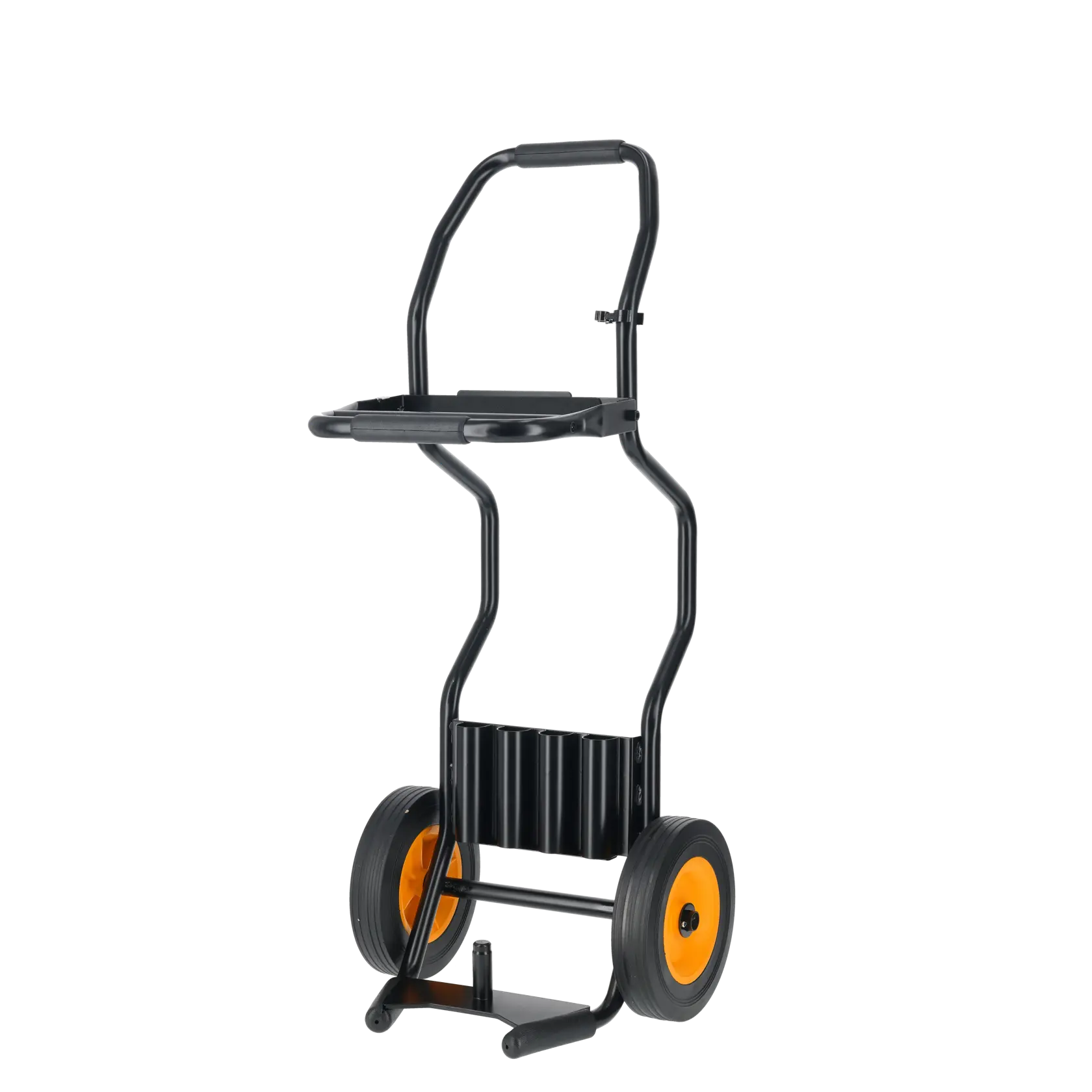 Schwarzer DEWALT Wagen mit zwei orange Rädern, festem Griff und Plattform für Geräte.