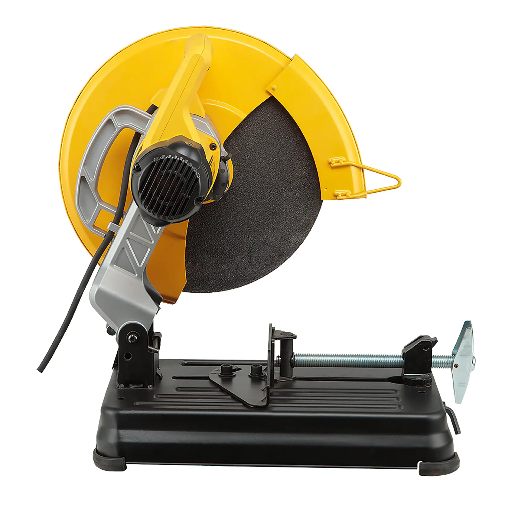 Una sierra para cortar metal DEWALT con cuerpo amarillo y negro, mostrando la hoja y la base ajustable para sujetar materiales.
