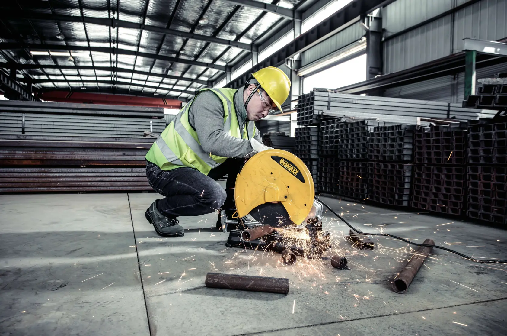 Un trabajador con chaleco de seguridad y casco utiliza una sierra de corte para metal DEWALT D28730-B2 para cortar tubos de acero en un almacén industrial. Salen chispas del área de corte y hay tubos de acero y materiales metálicos apilados en el fondo.