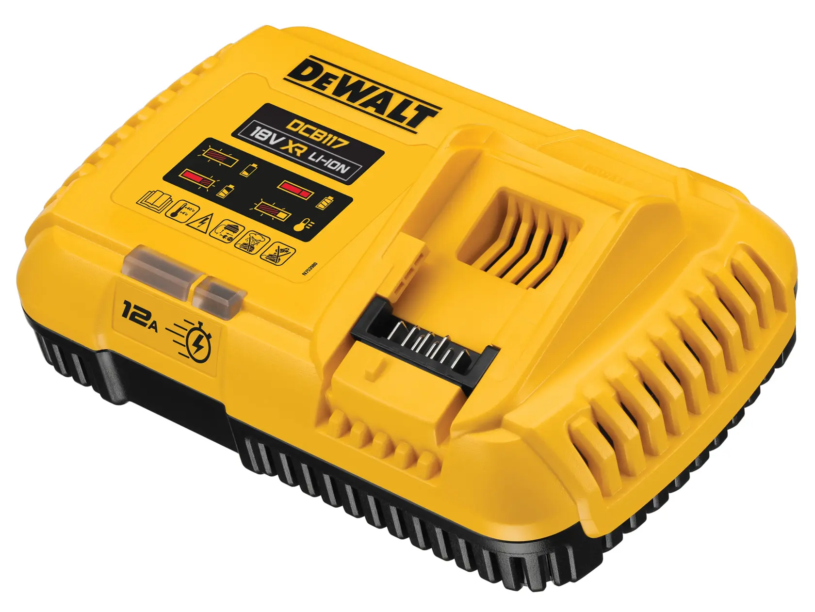 Ein gelbes DEWALT DCB117 Batterieladegerät für 18V XR Li-Ion Akkus mit Kontrollleuchten und schwarzem Boden.
