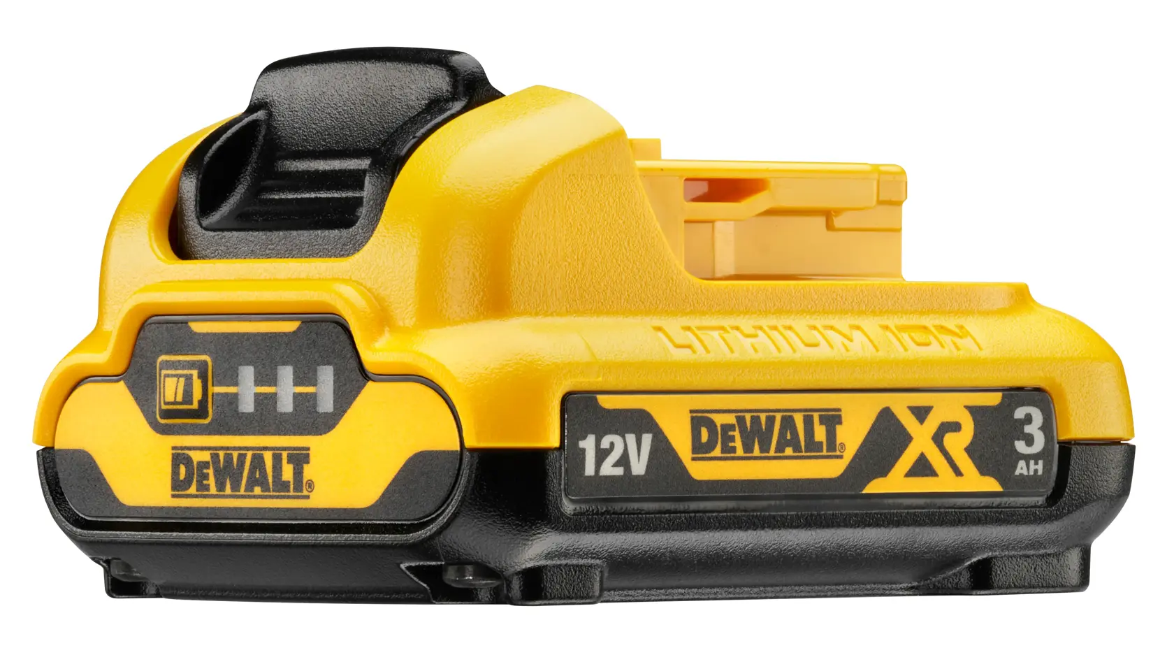 Batería DEWALT 12V XR 3Ah de ion de litio, amarilla y negra, sobre fondo blanco.