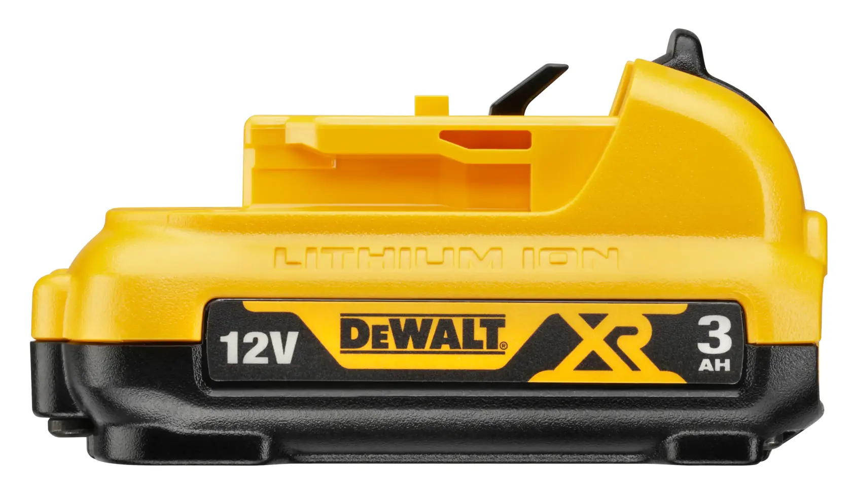 Batería DEWALT 12V XR 3Ah de litio, amarilla y negra, vista lateral, accesorio para herramientas.
