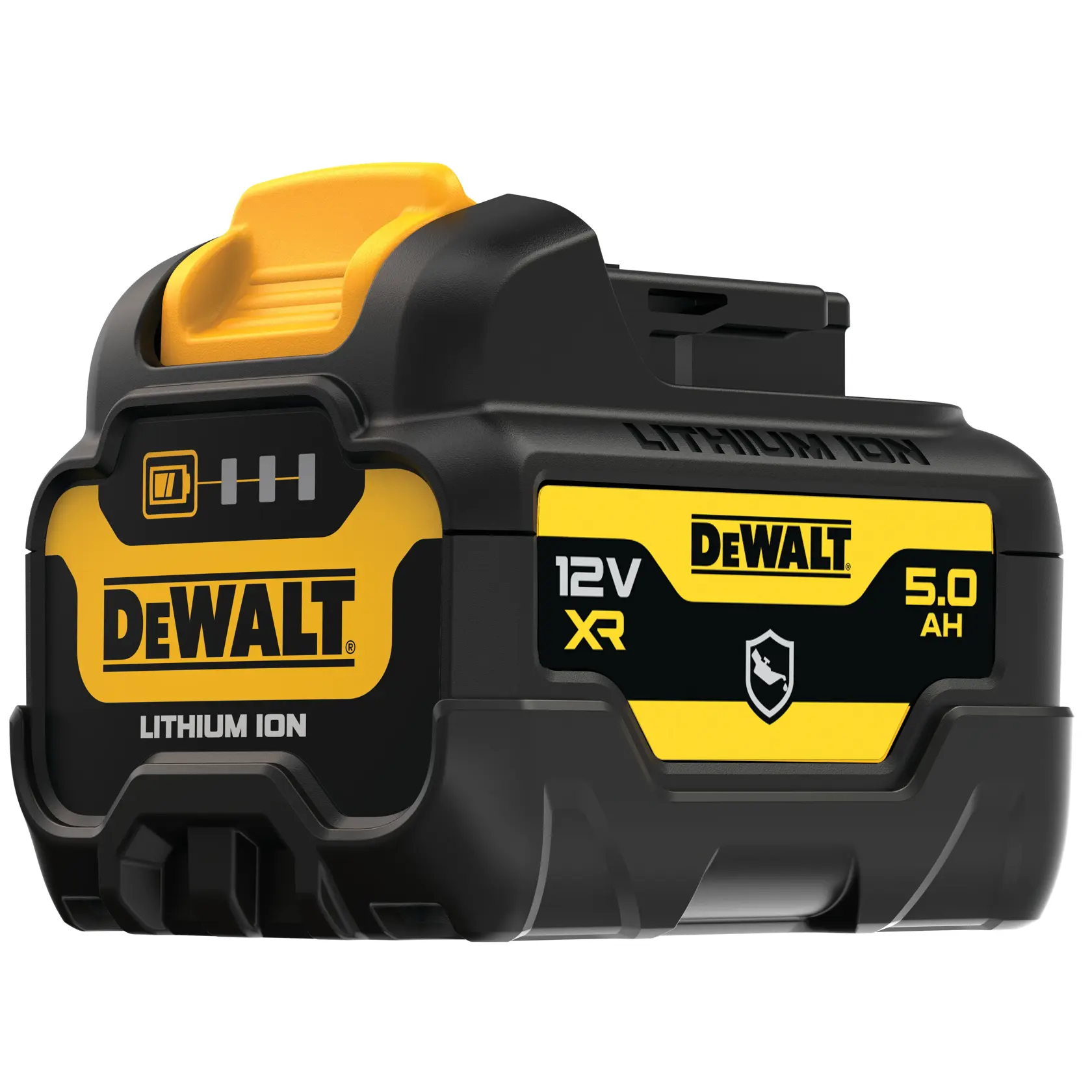Nahaufnahme eines DEWALT 12V XR 5,0Ah Lithium-Ionen-Akkus mit gelbem und schwarzem Gehäuse, Markenlogo und Ladeanzeige.