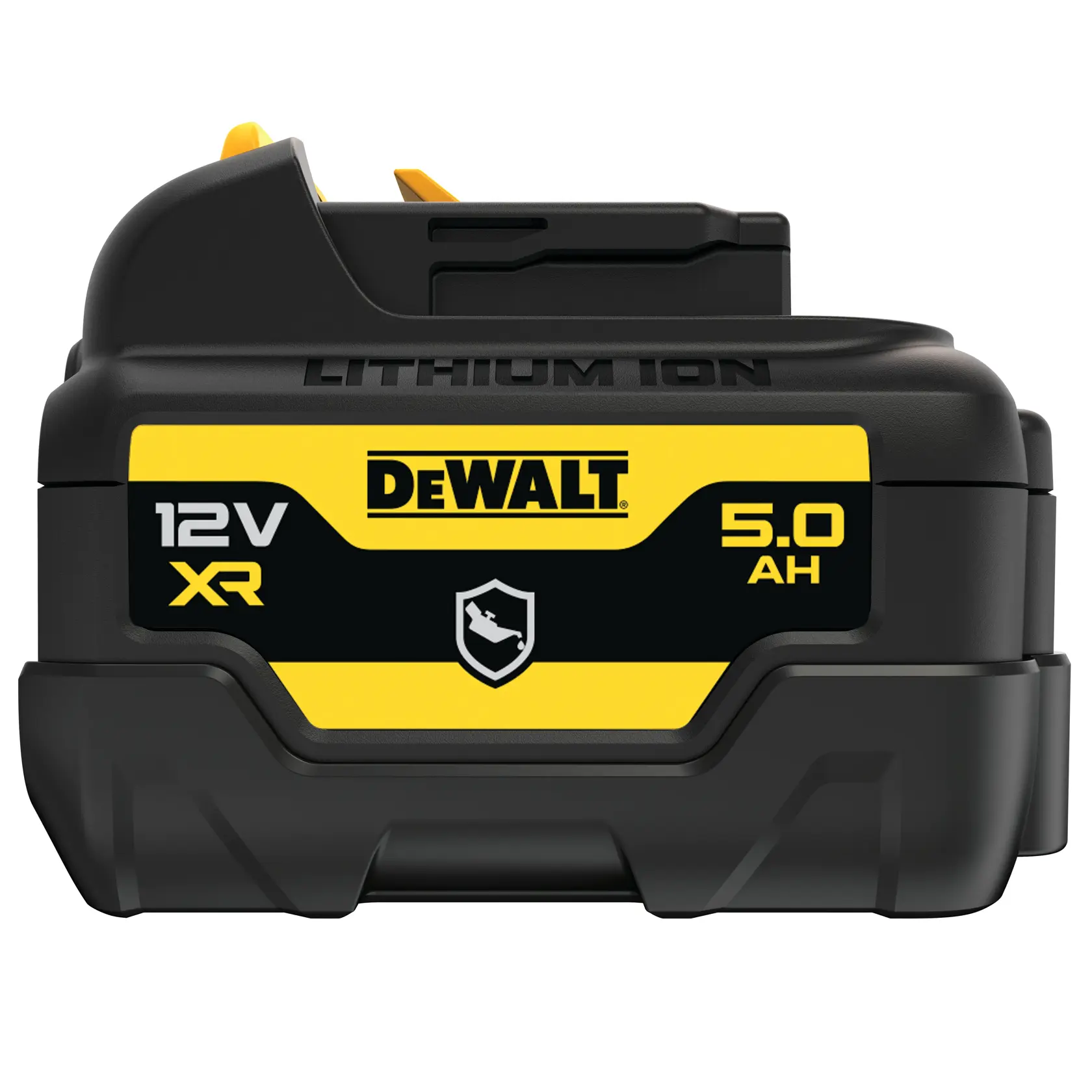 Frontansicht eines DEWALT 12V XR 5.0Ah Lithium-Ionen-Akkupacks, schwarz und gelb mit DEWALT-Logo und technischen Angaben auf dem Etikett.