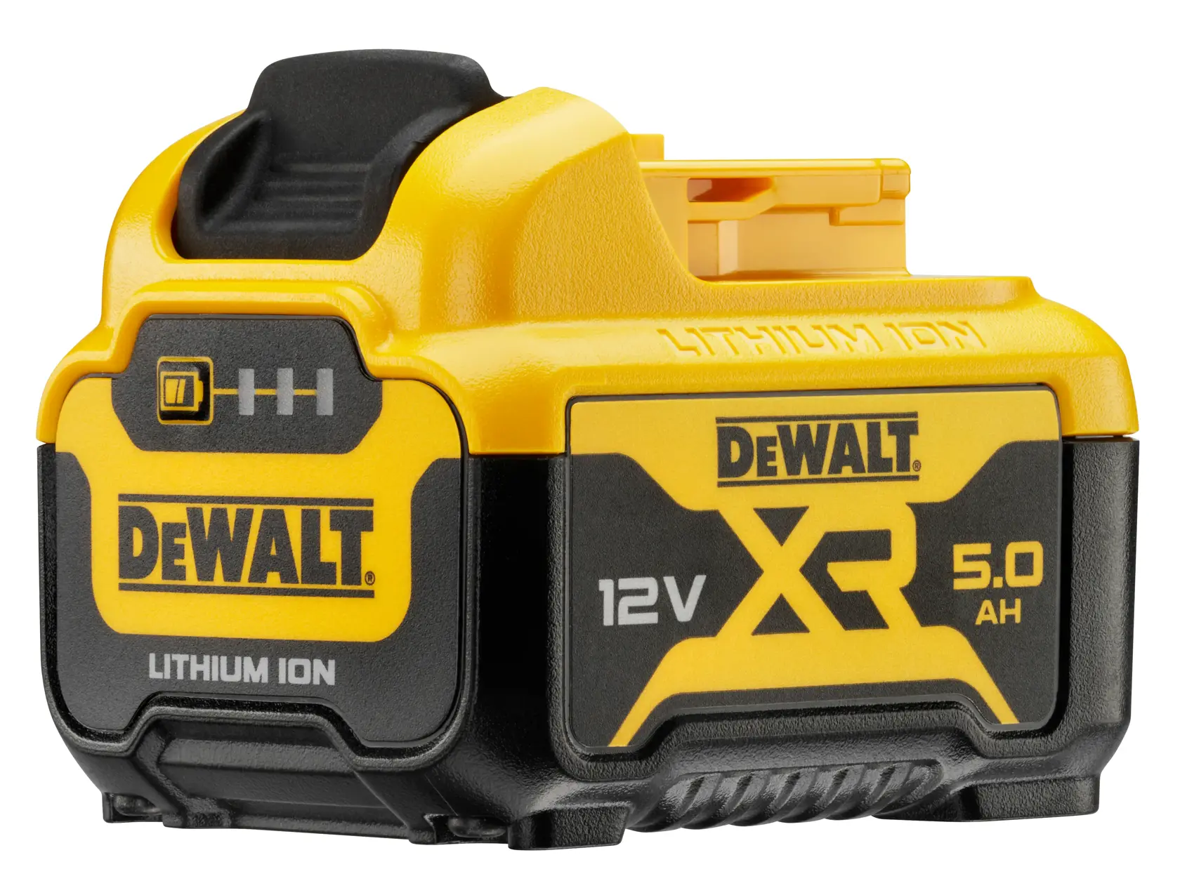 DeWalt 12V XR Lithium-Ionen-Akku, 5,0Ah, gelb-schwarz, kompaktes Design für kabellose Werkzeuge.