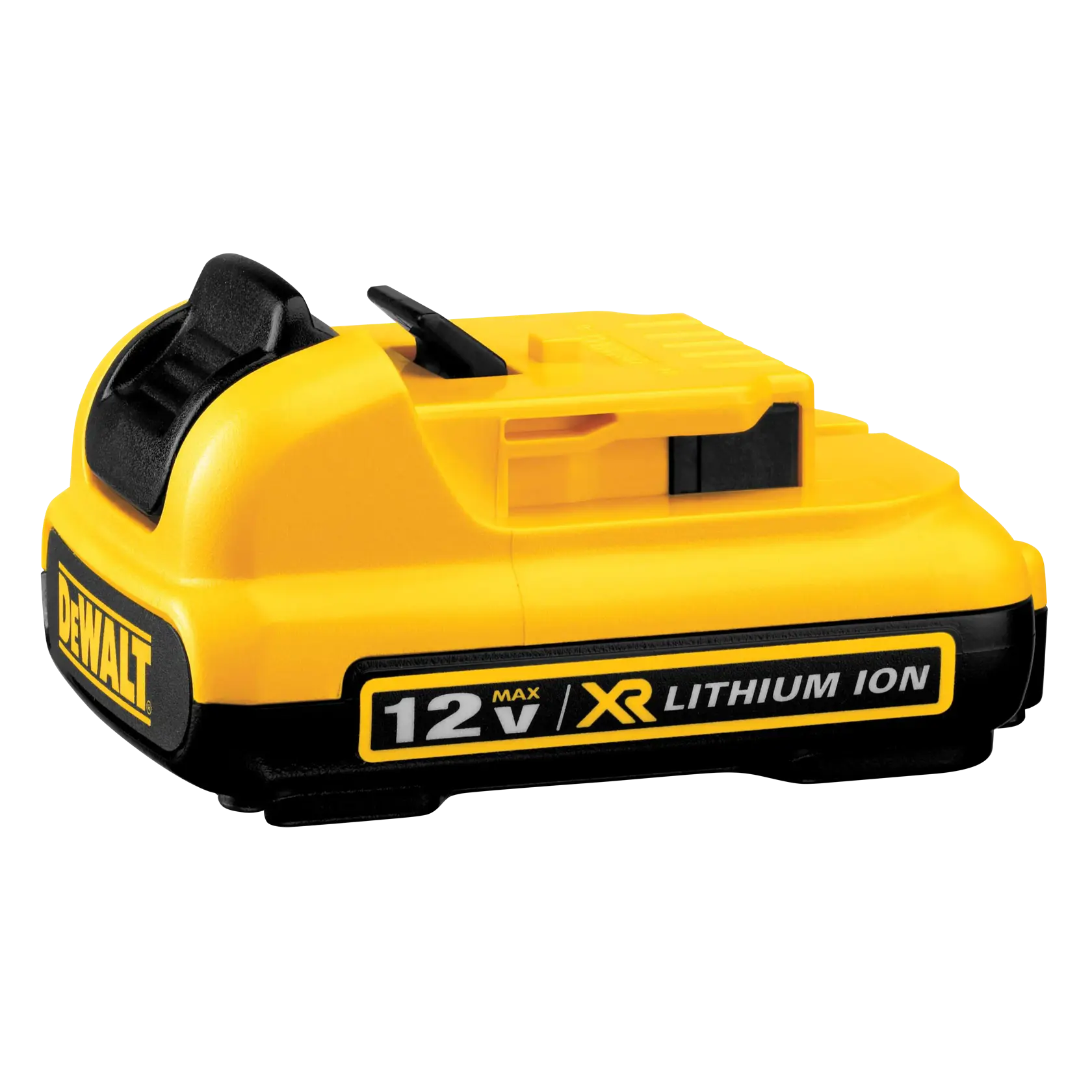 A DEWALT 12V XR Lithium-Ion rechargeable battery pack, yellow and black, designed for power tools.