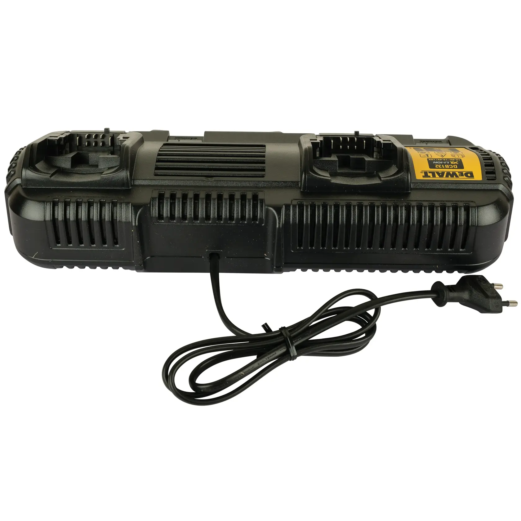 DEWALT DCB132 Doppel-Akkuladegerät mit Netzkabel für Werkzeugakkus, von oben gezeigt.
