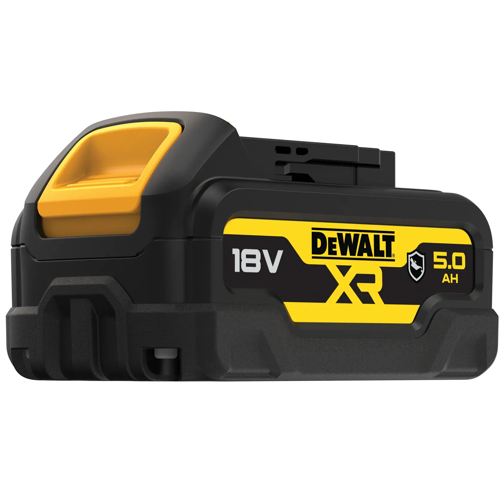 Ein DEWALT XR 18V 5,0Ah wiederaufladbarer Akku mit einem schwarz-gelben Design und deutlich sichtbaren Marken- und technischen Angaben auf der Seite.