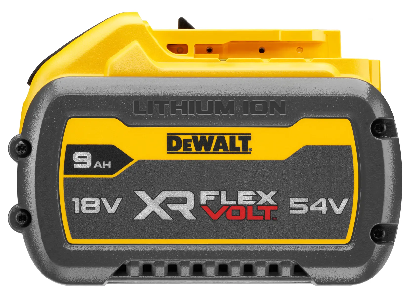 Batería de ion de litio DEWALT XR FLEXVOLT, modelo DCB547, con especificaciones: 9Ah, 18V/54V. La batería tiene una carcasa amarilla y negra y está diseñada para herramientas eléctricas.