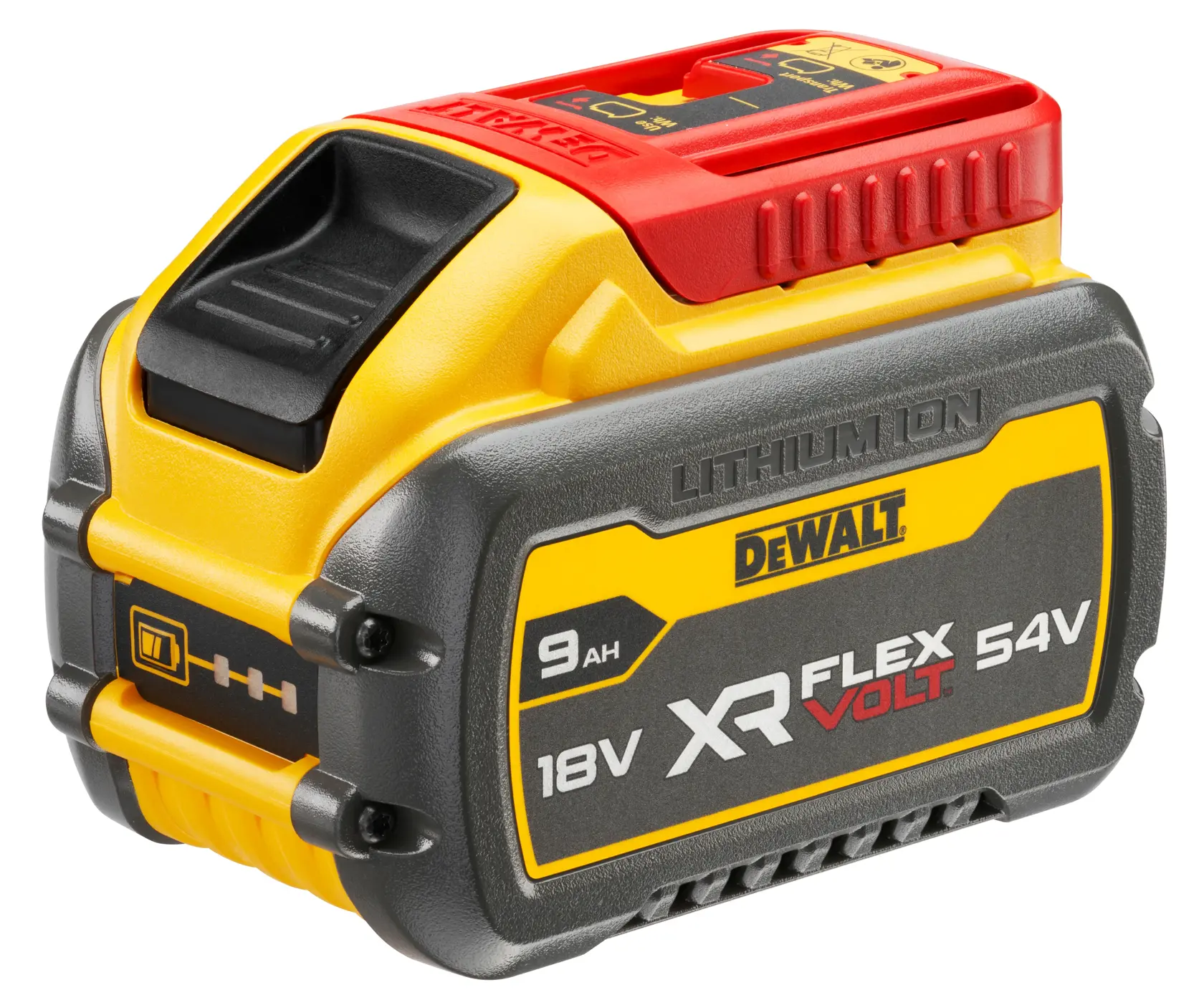Una batería DEWALT DCB547 XR FLEXVOLT de ion de litio, 18V/54V con capacidad de 9Ah, en colores amarillo, negro y rojo. La batería está diseñada para usarse con herramientas DEWALT compatibles.