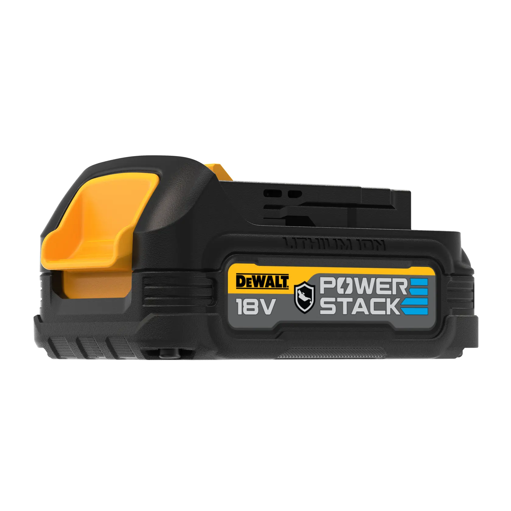 DEWALT 18V PowerStack Lithium-Ionen-Akku, schwarz-gelb, seitliche Ansicht auf weißem Hintergrund.