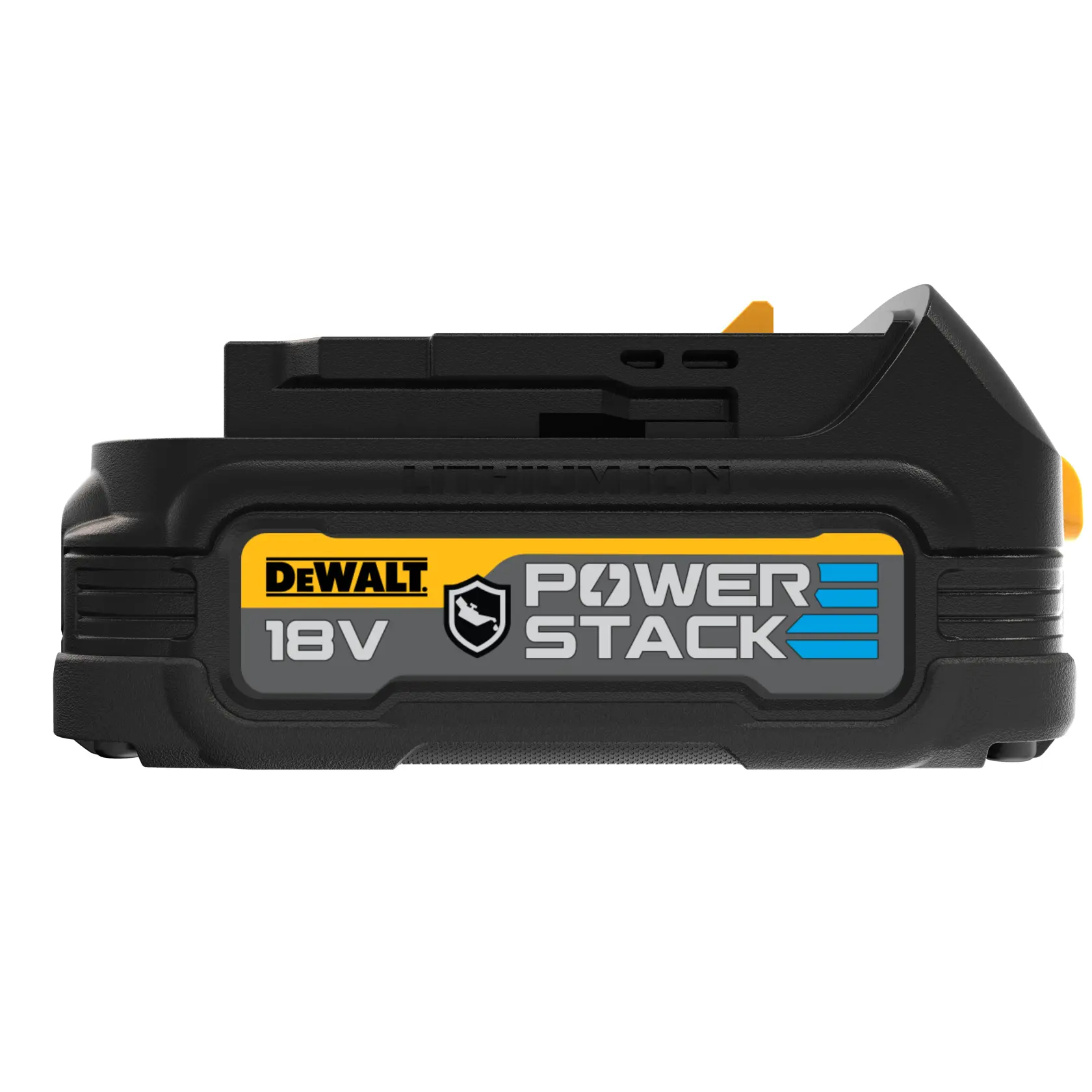 DEWALT 18V POWERSTACK Lithium-Ionen-Akku seitlich vor weißem Hintergrund.