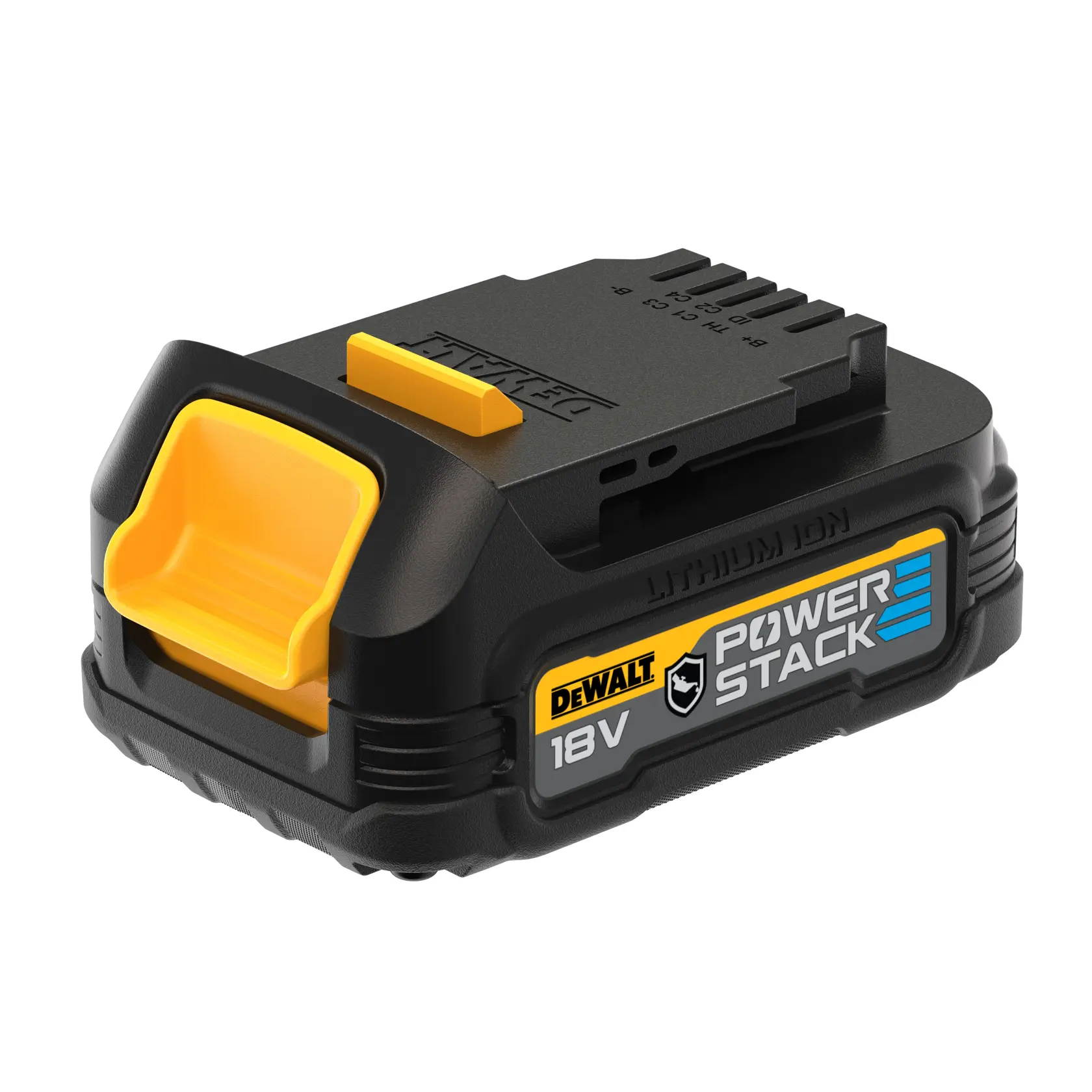 DEWALT 18V POWERSTACK Lithium-Ionen-Akku mit schwarzem und gelbem Design.
