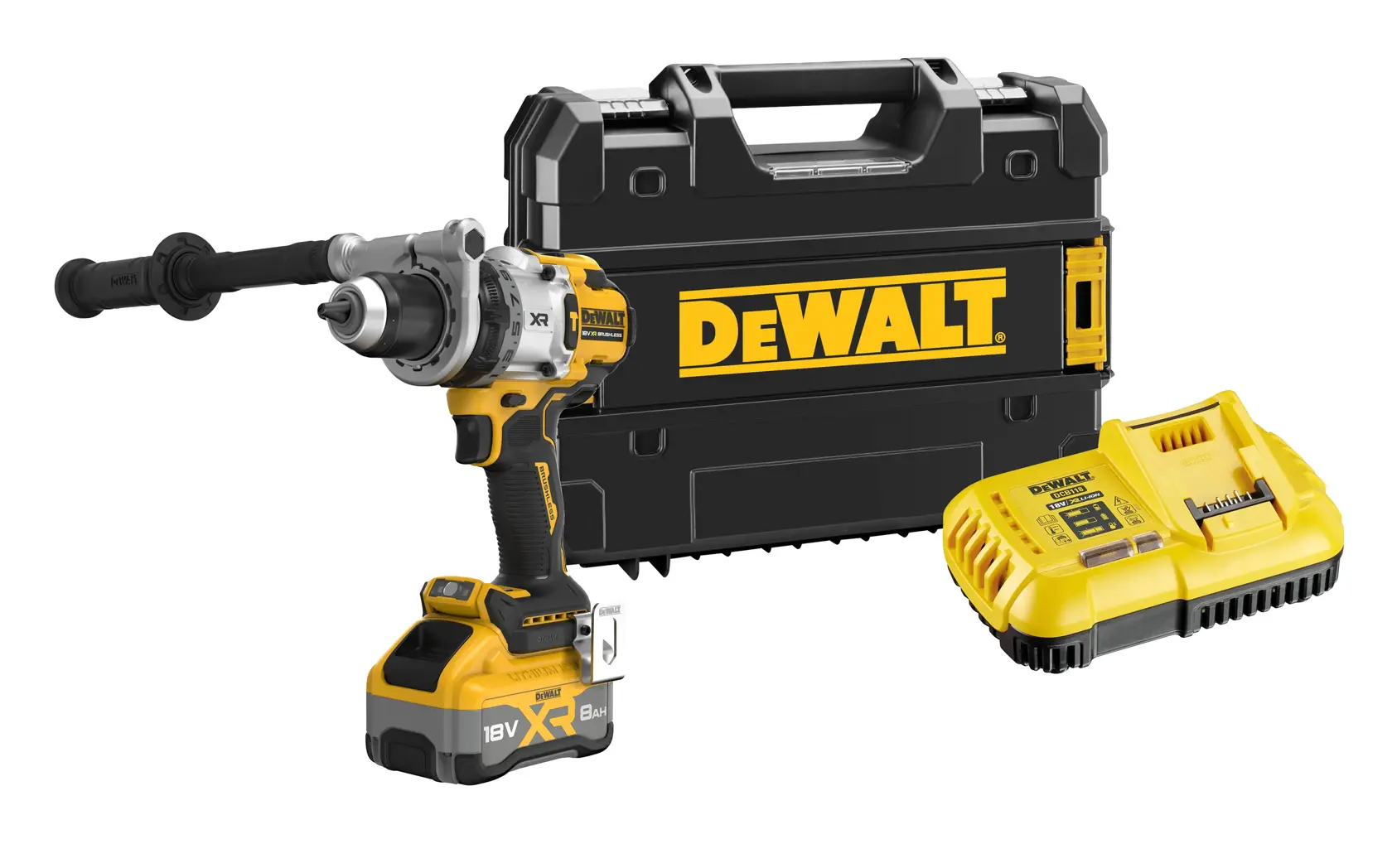 Taladro inalámbrico DEWALT con mango, estuche negro y cargador de batería amarillo.