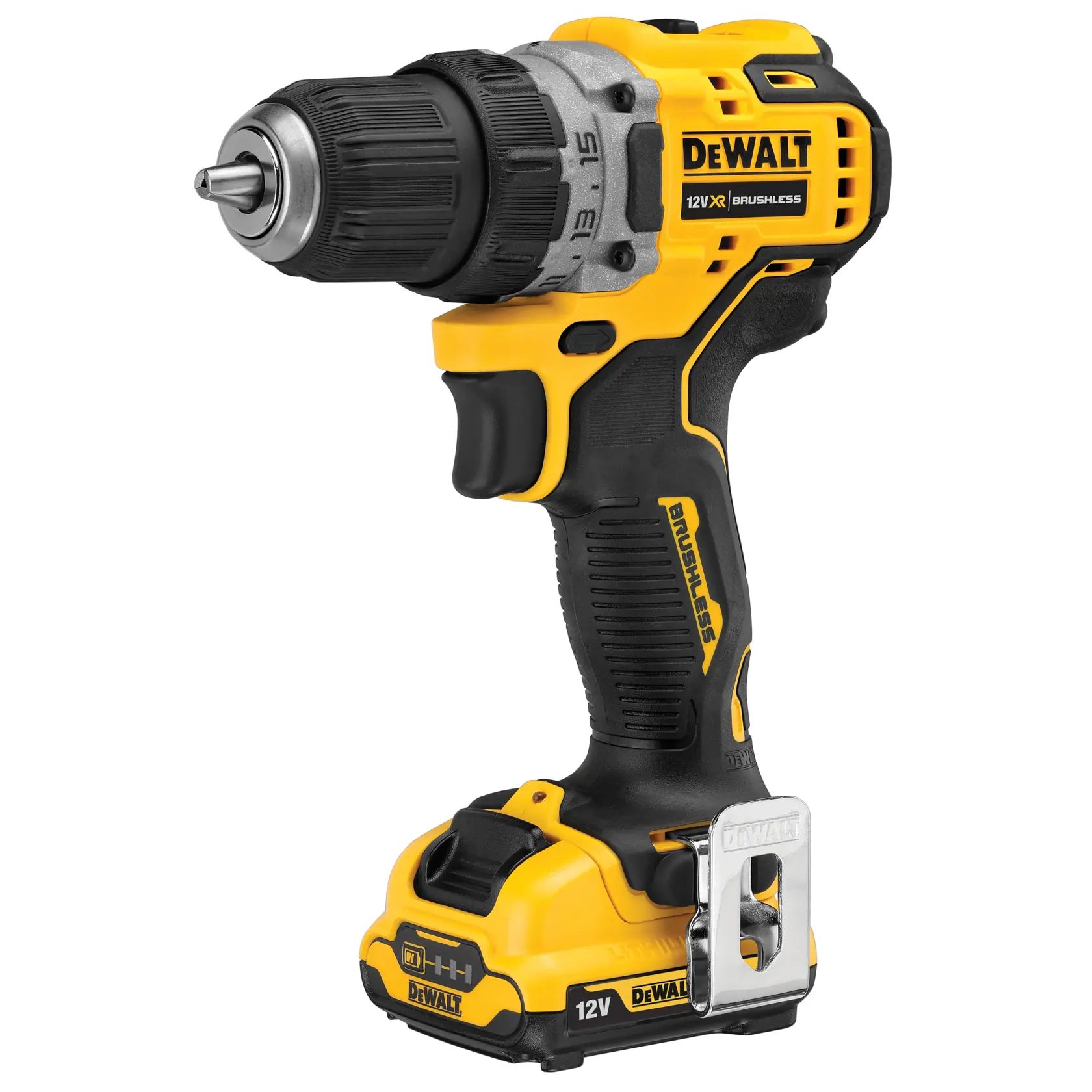 Kabellose gelb-schwarze DEWALT-Bohrmaschine mit 12V Akku und bürstenlosem Motor, für präzise Aufgaben.