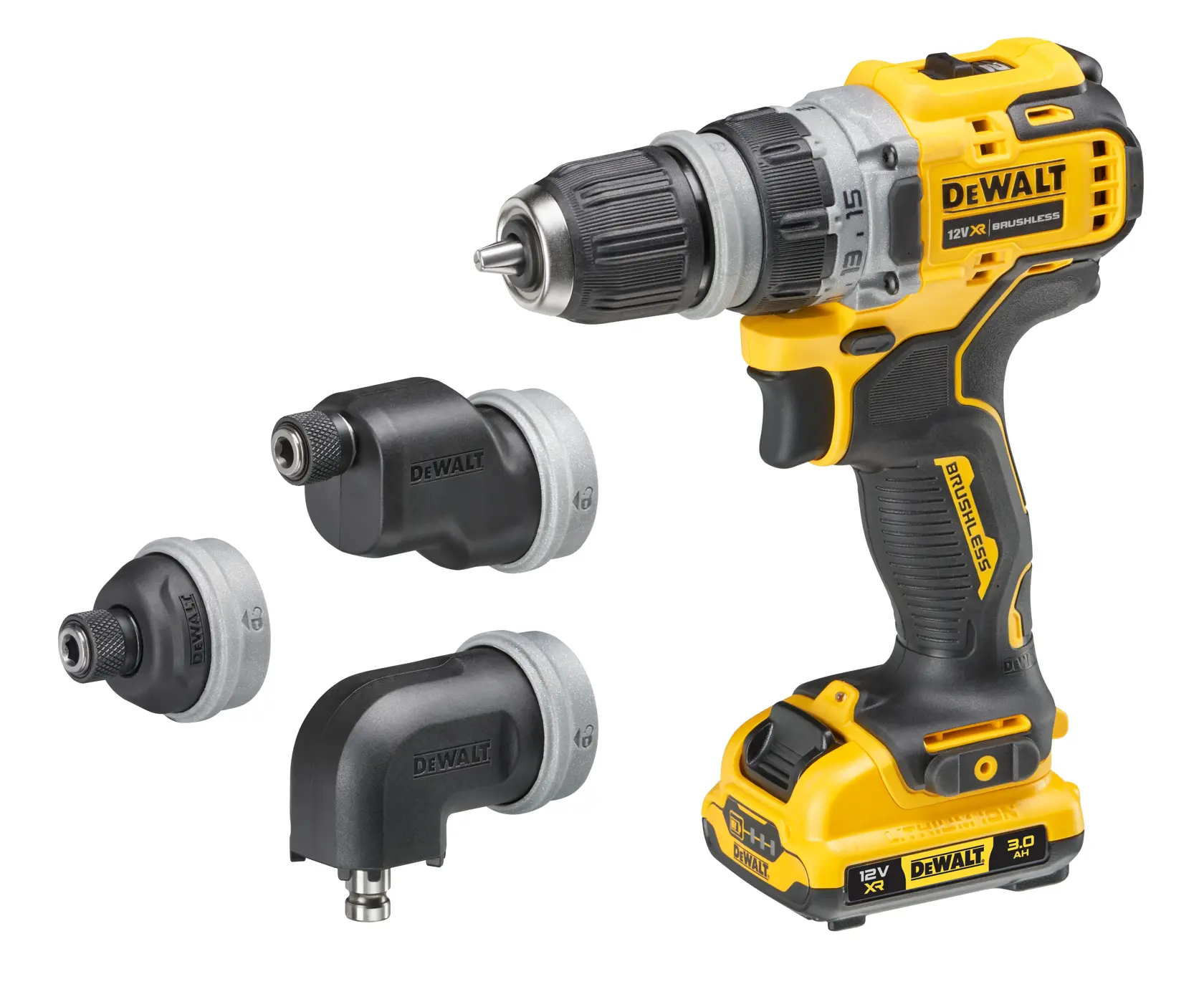 DEWALT Akku-Bohrmaschine mit drei austauschbaren Aufsätzen, Modell DCD703L2T, vor weißem Hintergrund.