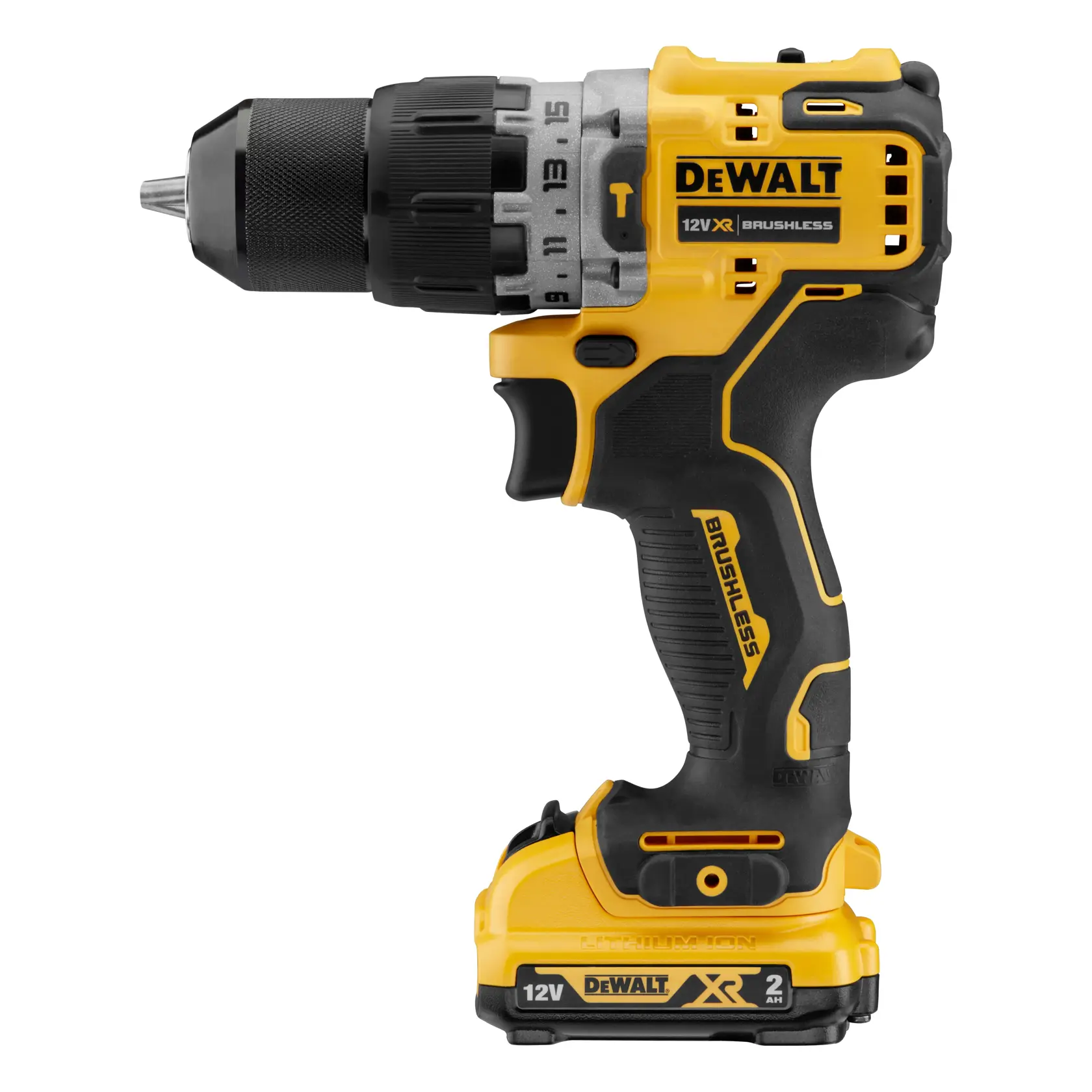 Taladro inalámbrico DEWALT 12V XR brushless negro y amarillo, vista lateral, batería colocada.