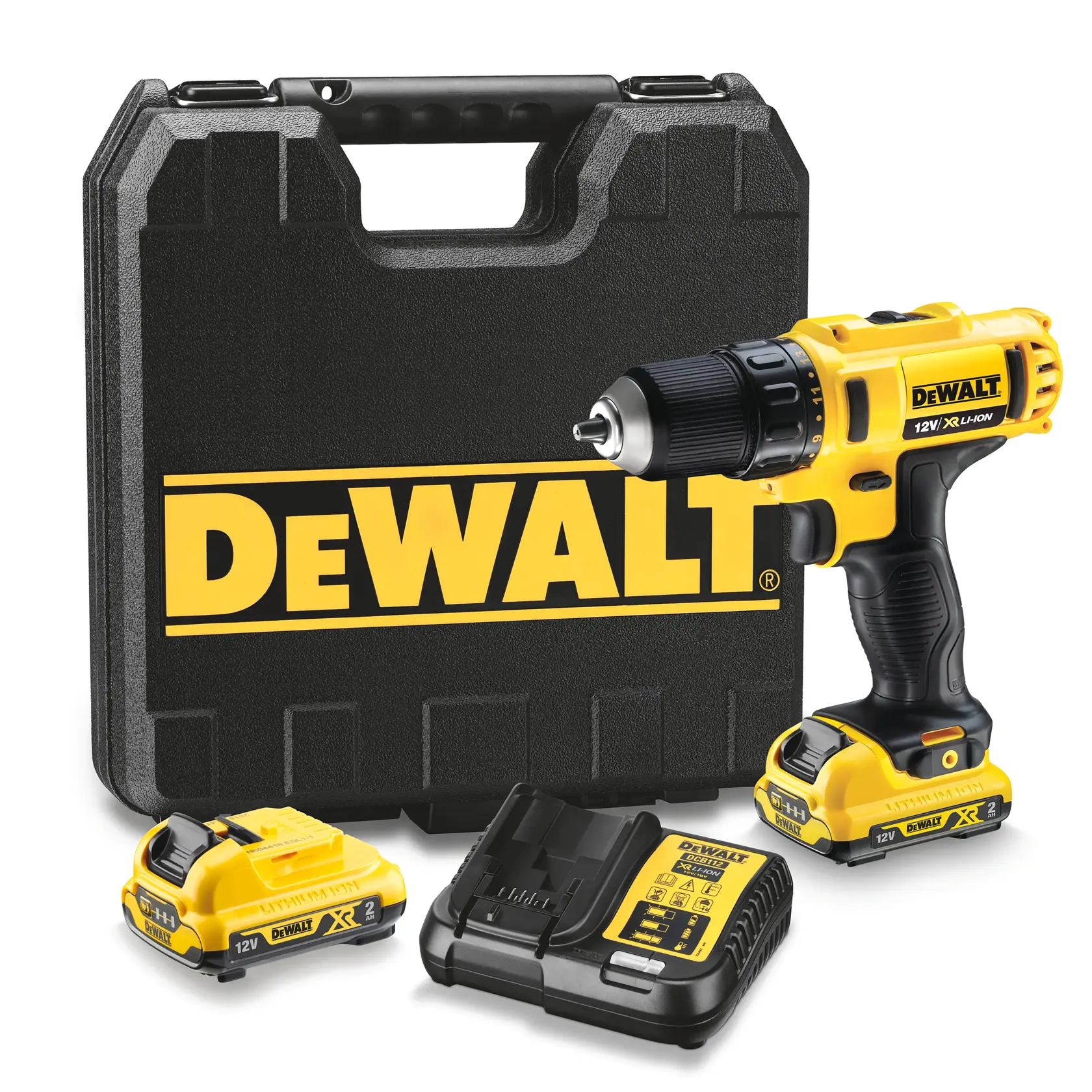 DEWALT cordless drill kit with case, batteries, and charger displayed on a white background.