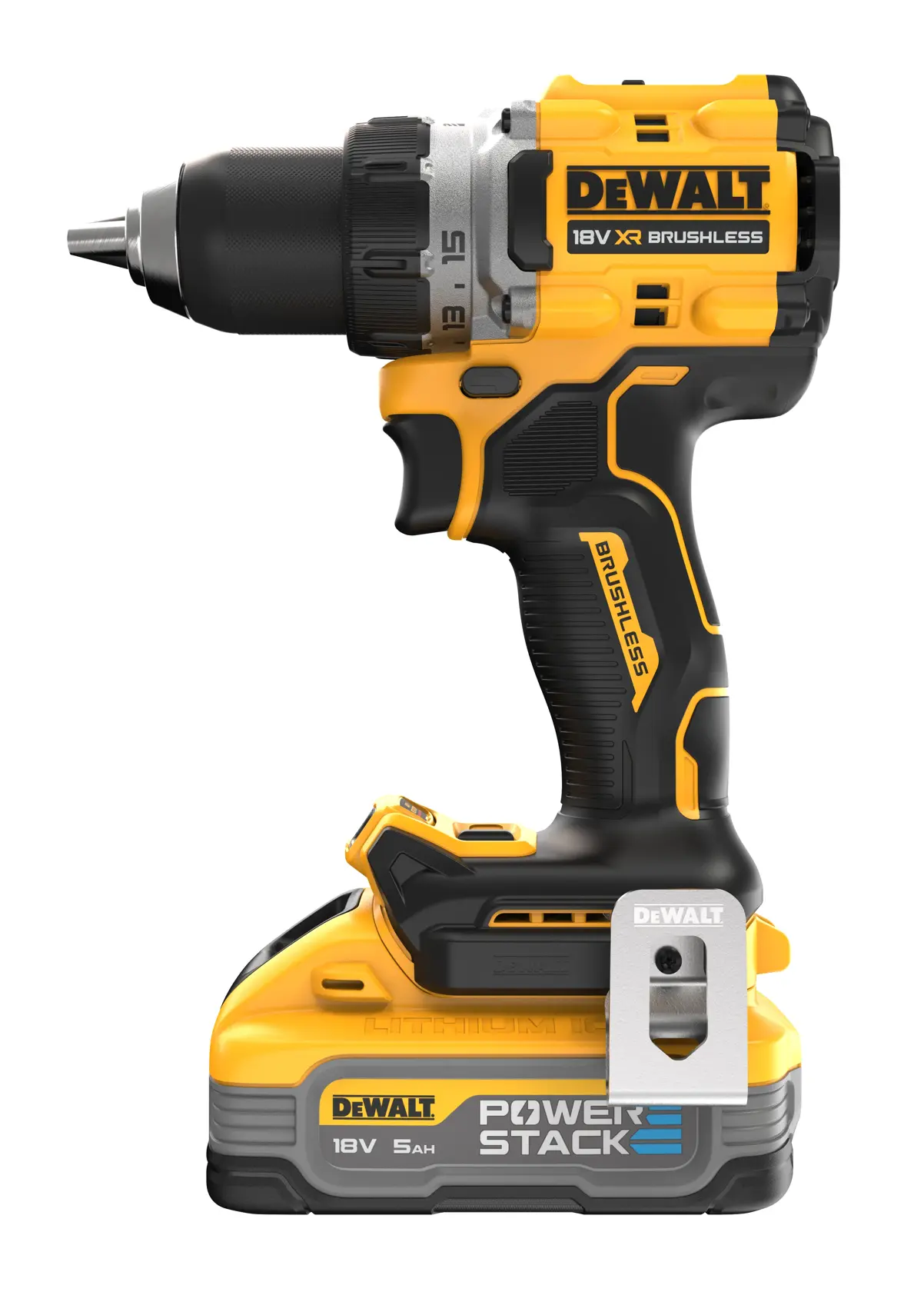 Taladro inalámbrico DEWALT 18V XR brushless con batería POWERSTACK, negro y amarillo, vista lateral.