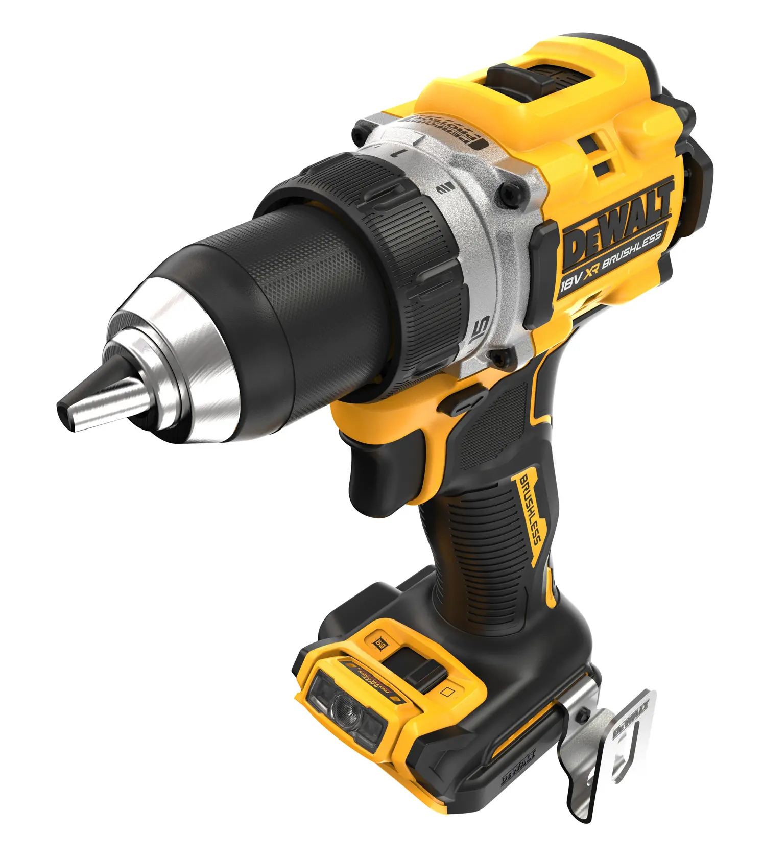 DEWALT DCD800NT 18V bürstenlose Akku-Bohrmaschine, gelb-schwarz, Nahaufnahme.
