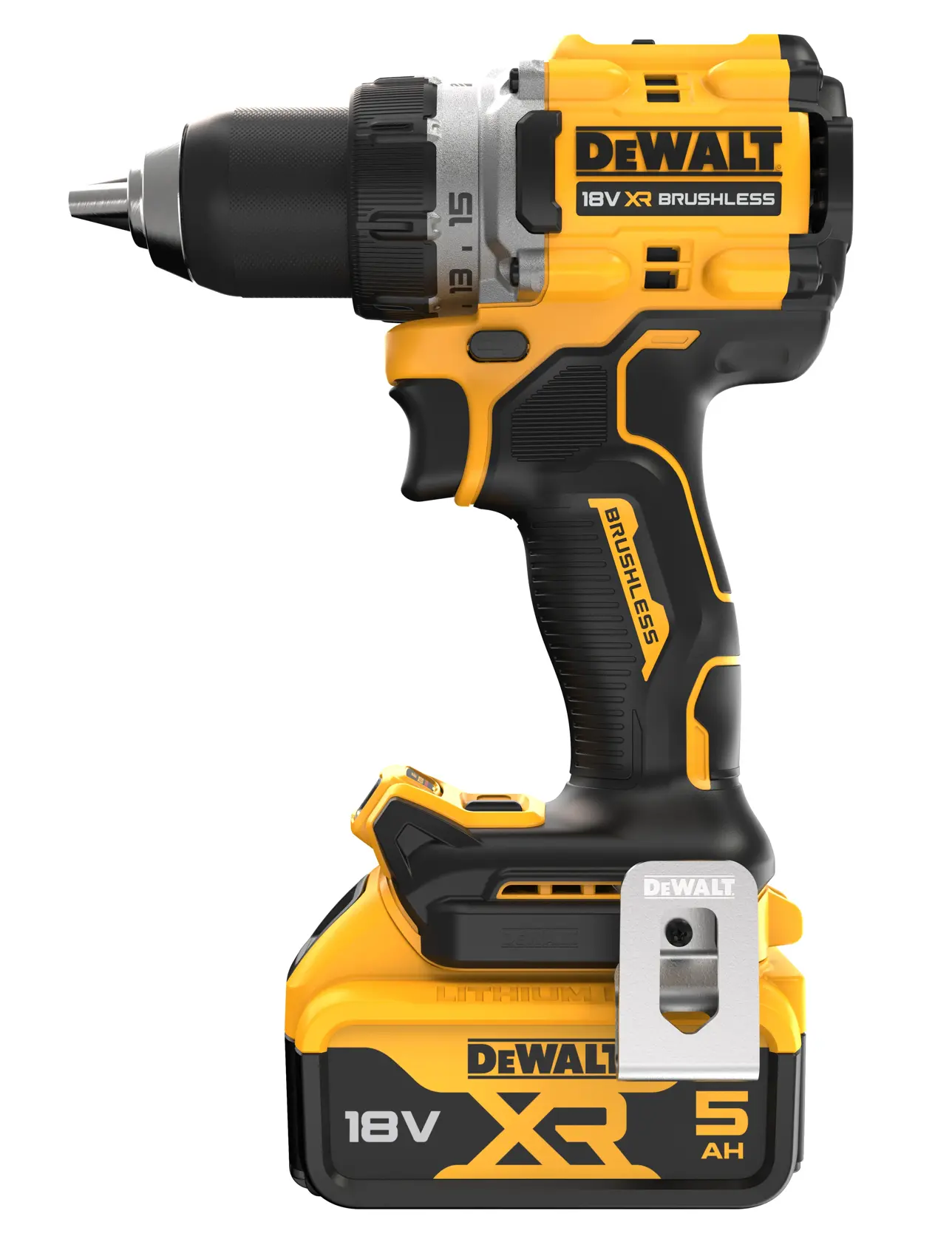 DEWALT 18V XR brushless cordless drill with 5Ah battery, yellow and black, shown in side profile.