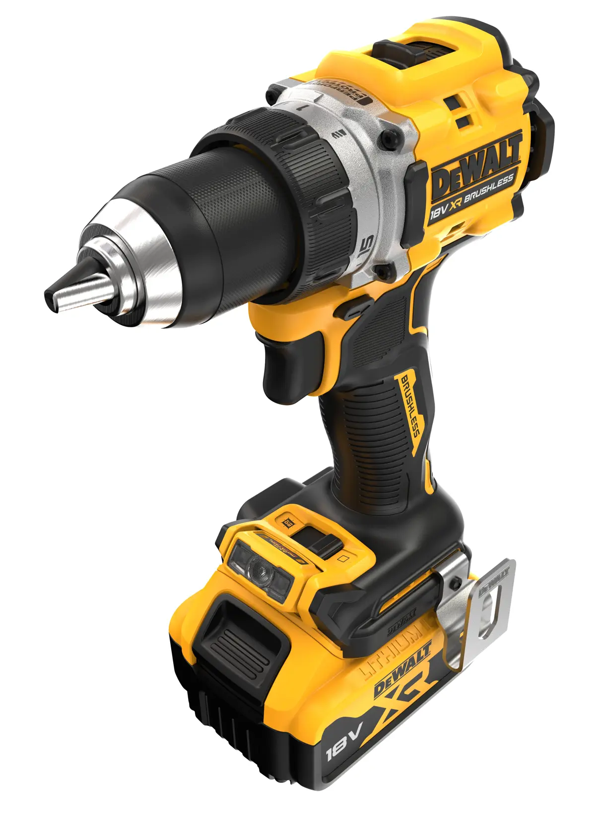 Yellow and black DEWALT 18V cordless drill driver with brushless motor and ergonomic grip.