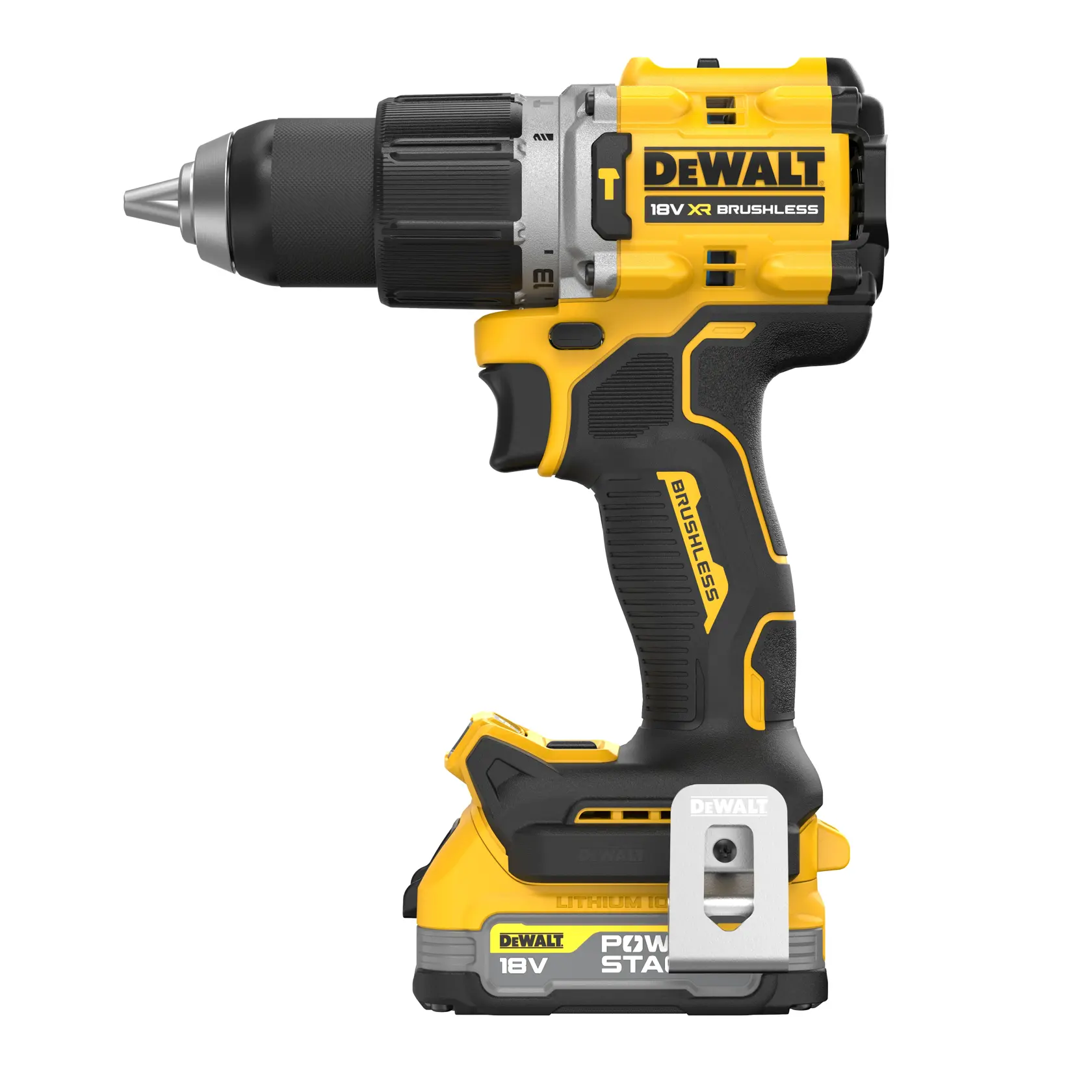 Taladro inalámbrico DEWALT 18V XR brushless con batería Powerstack, en color amarillo y negro.