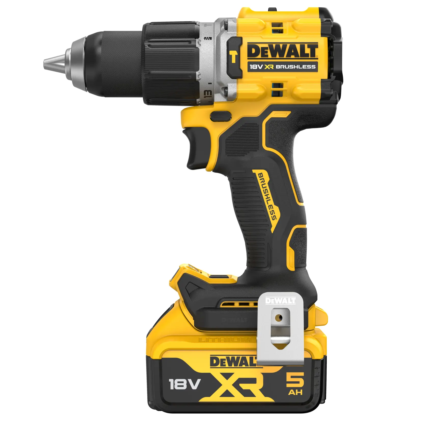 Trapano avvitatore DEWALT DCD805P2T 18V XR brushless con batteria 5Ah, mostrato in giallo e nero.