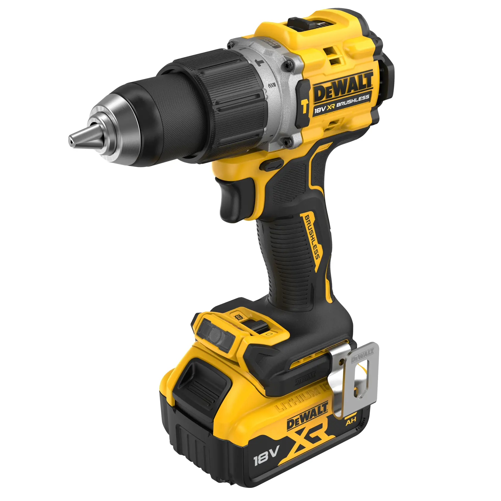 Trapano DEWALT 18V XR brushless senza fili, nero e giallo, mostrato su sfondo bianco.