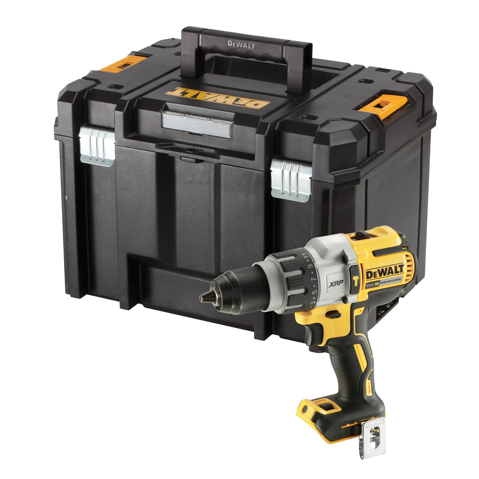 Taladro inalámbrico DEWALT con caja negra. Diseño compacto y resistente para uso profesional.