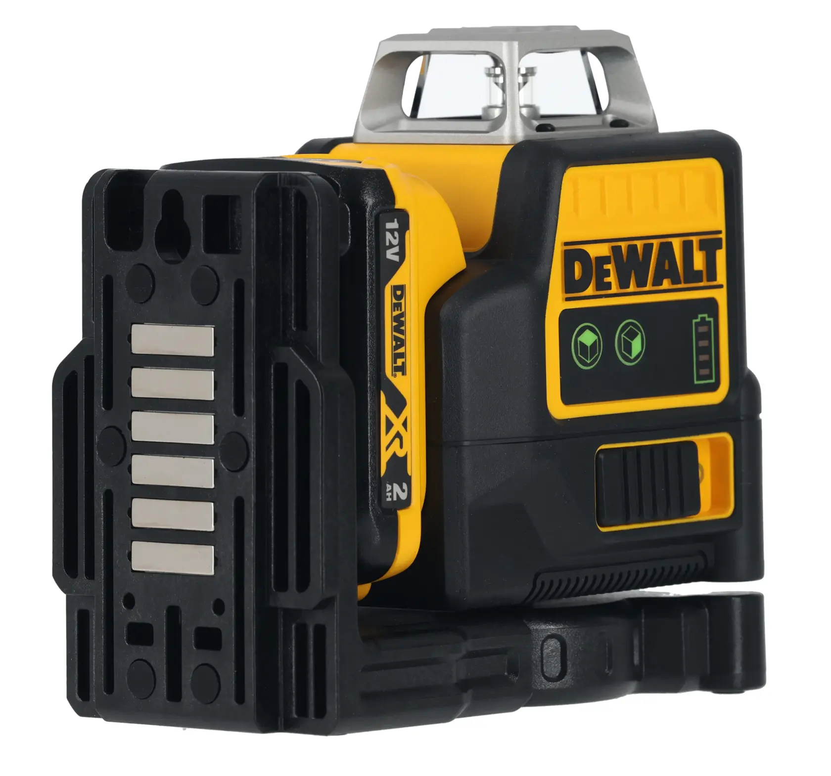 DEWALT DCE0811D1G 12V grüner Kreuzlinienlaser mit Akku und Montagehalterung.