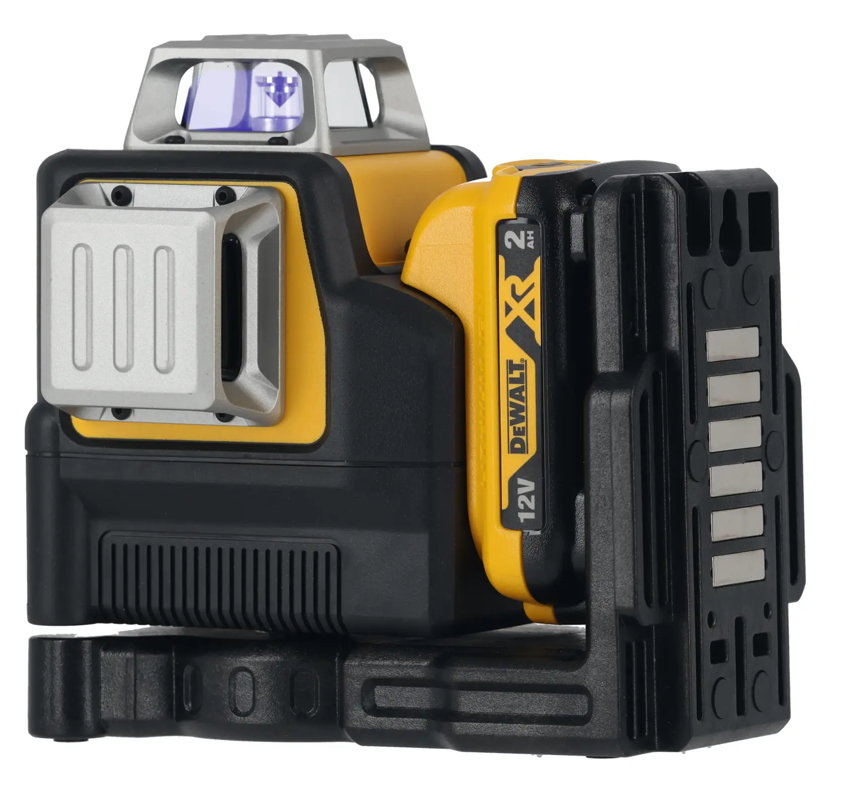 DEWALT 12V XR grüner Laser-Nivellierer, kompakt und robust, für präzises Ausrichten bei Bau und Fotografie.