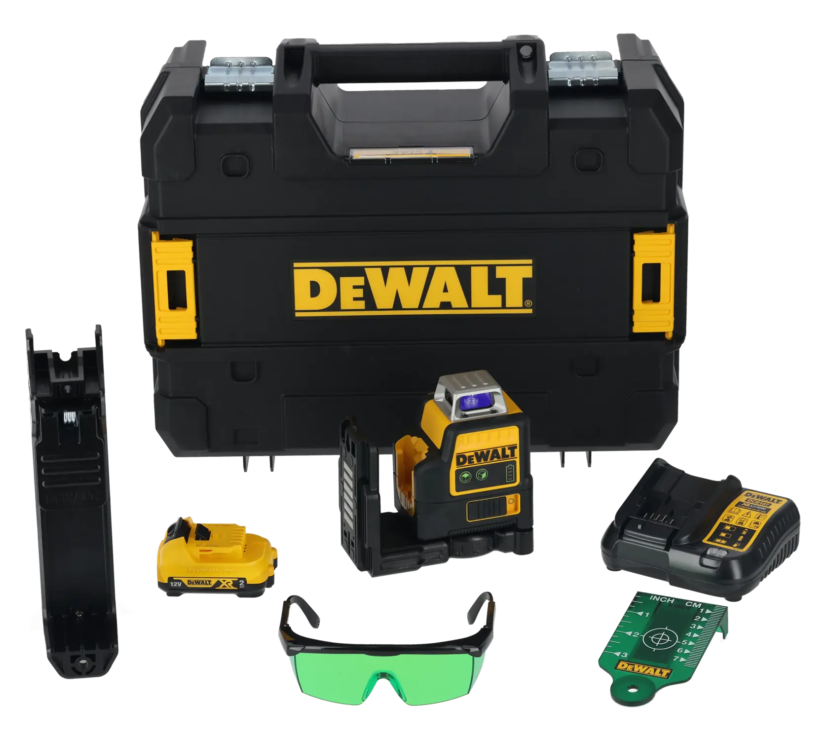 DEWALT professionelles Fotografie-Werkzeugset mit einem schwarz-gelben Transportkoffer, einem Lasergerät, einem Akku, einem Ladegerät, einer Wandhalterung, grünen Schutzbrillen und einer Messkarte, alles auf weißem Hintergrund dargestellt.