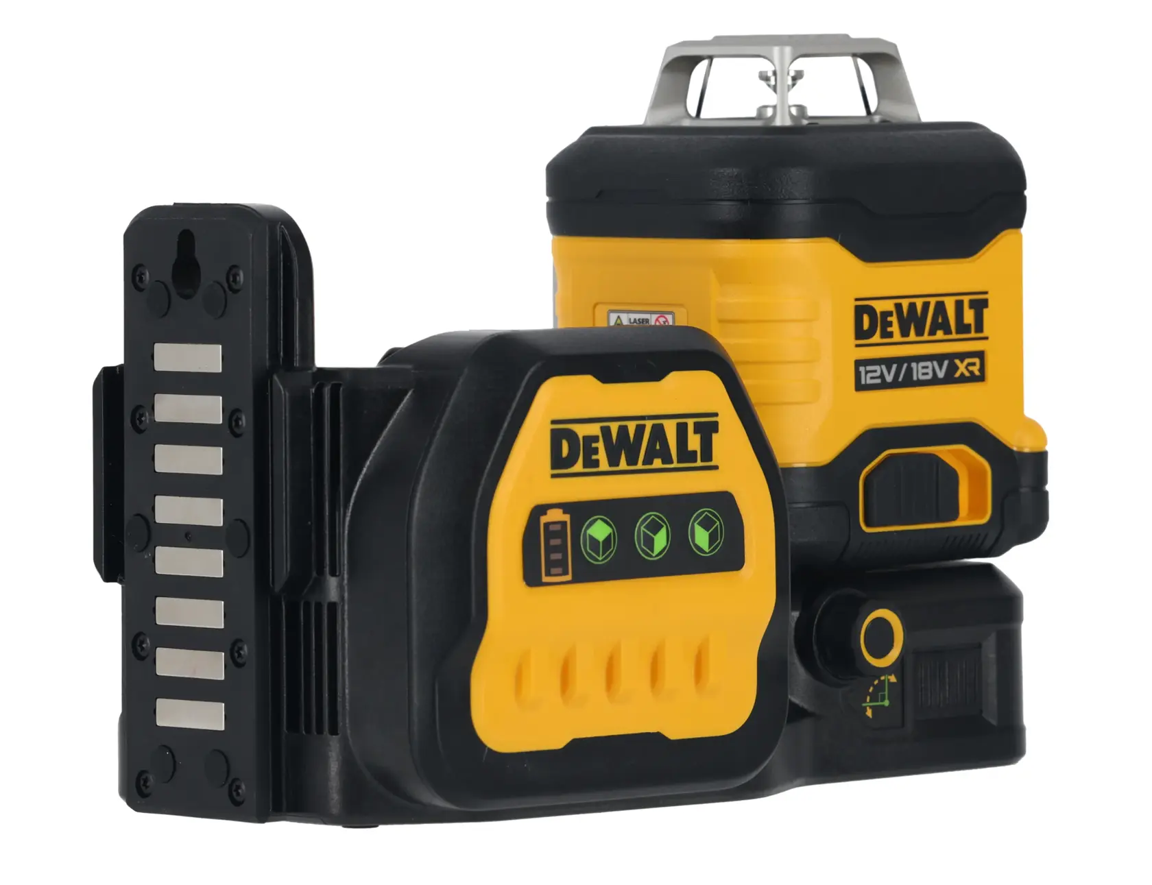 DEWALT DCE089NG18 gelb-schwarzer 3-Linien-Laser, kabellos, robust für präzise Ausrichtung.