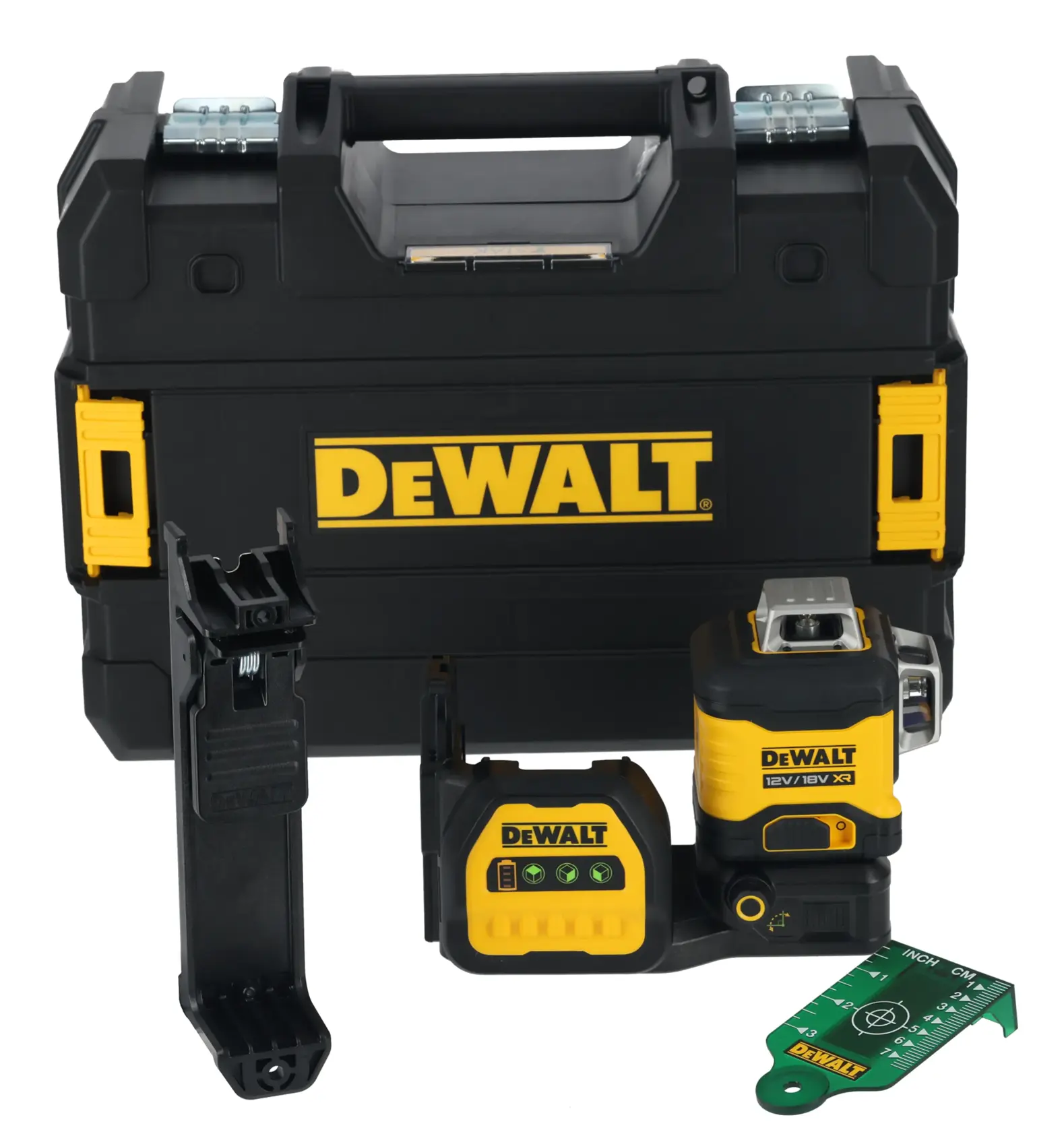 DEWALT Laser-Nivellierkit bestehend aus einem schwarzen und gelben Hartschalenkoffer, einem DEWALT-Laser-Nivelliergerät, einer Montagehalterung, einer grünen Zielplatte und einer Steuereinheit.