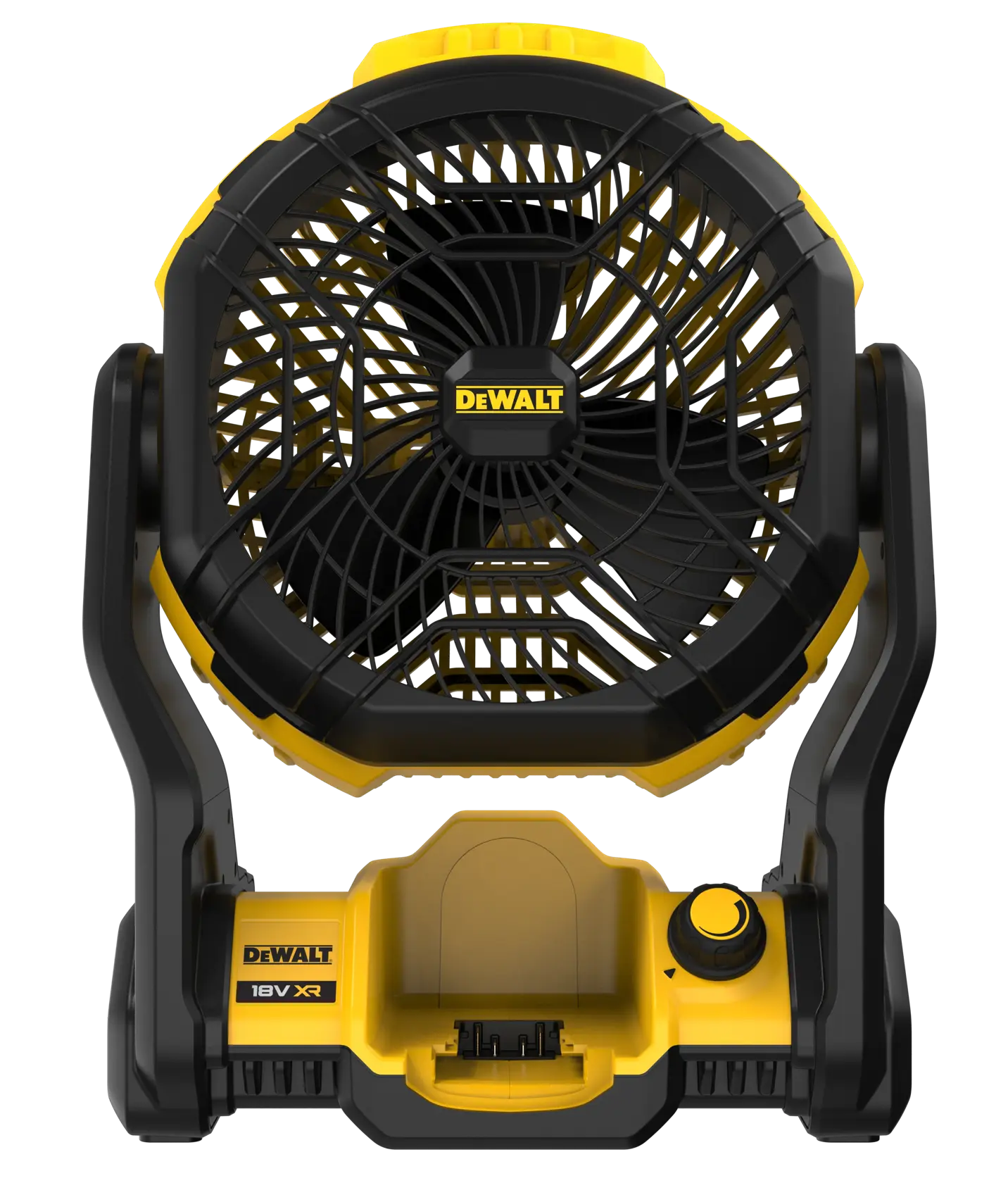 Ventilador portátil DEWALT para fotografía, modelos DCE512N, DCE512N-XJ. Diseño negro y amarillo.