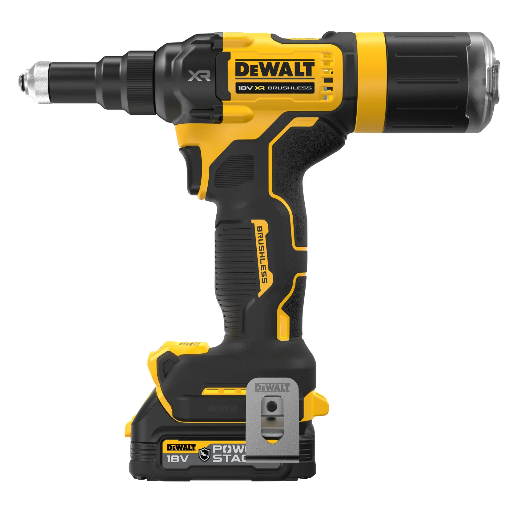 DEWALT 18V brushless cordless tool with yellow and black design, side view, battery attached.