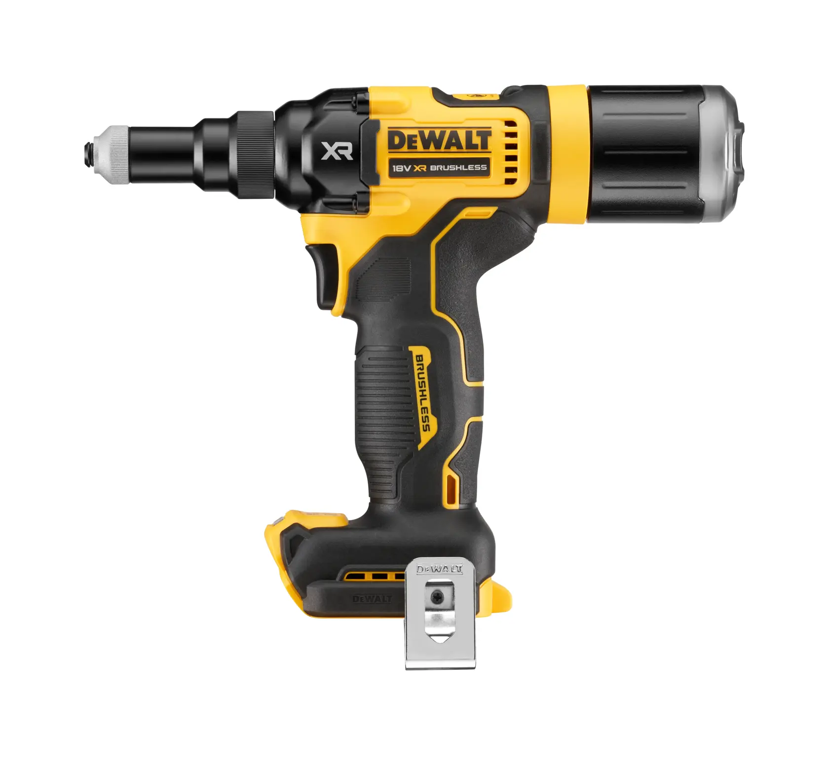 DEWALT DCF403NT atornillador de impacto XR 18V sin escobillas, amarillo-negro, vista lateral sobre blanco.