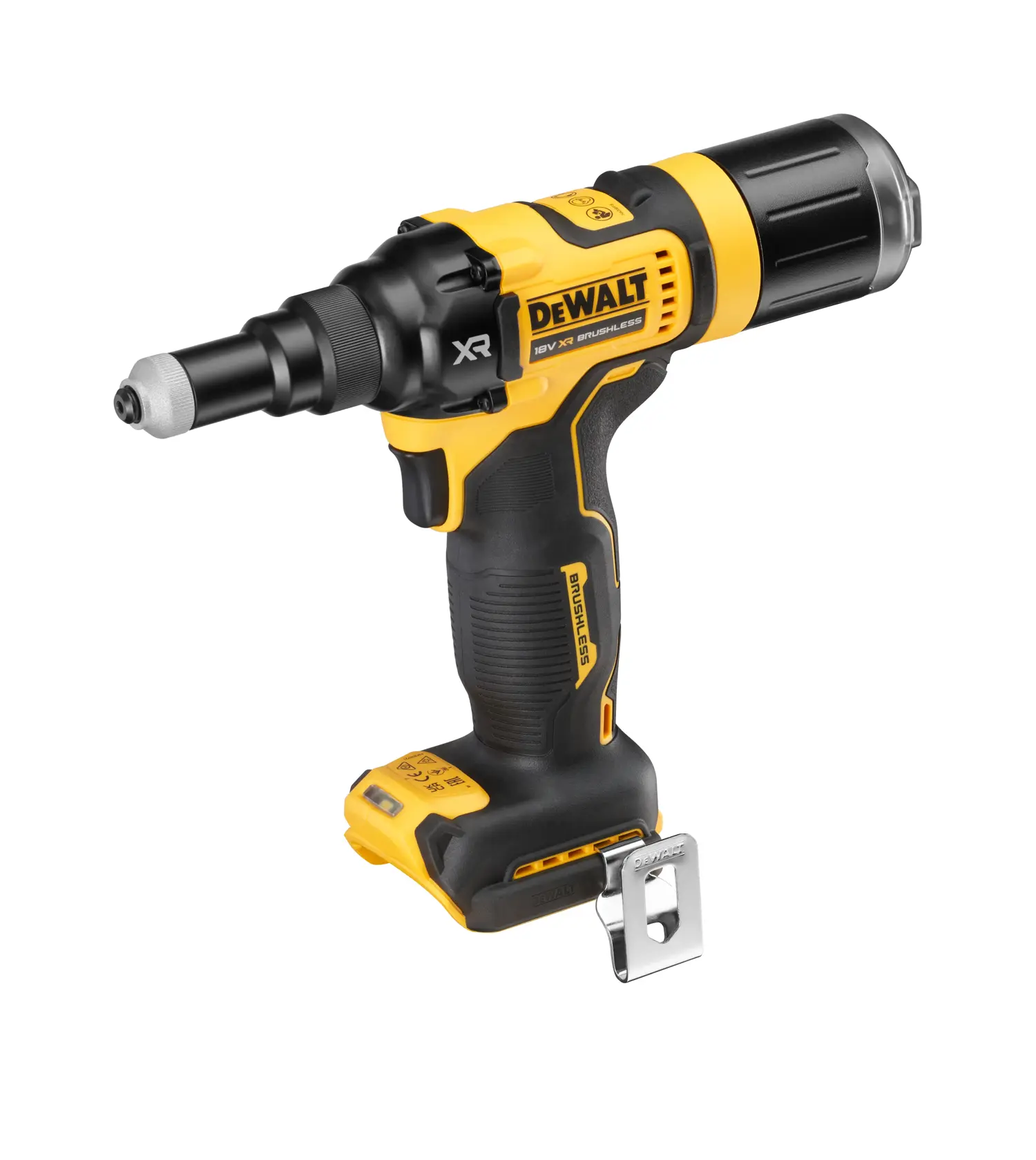 Atornillador DEWALT brushless inalámbrico con agarre ergonómico y clip metálico, sin batería.